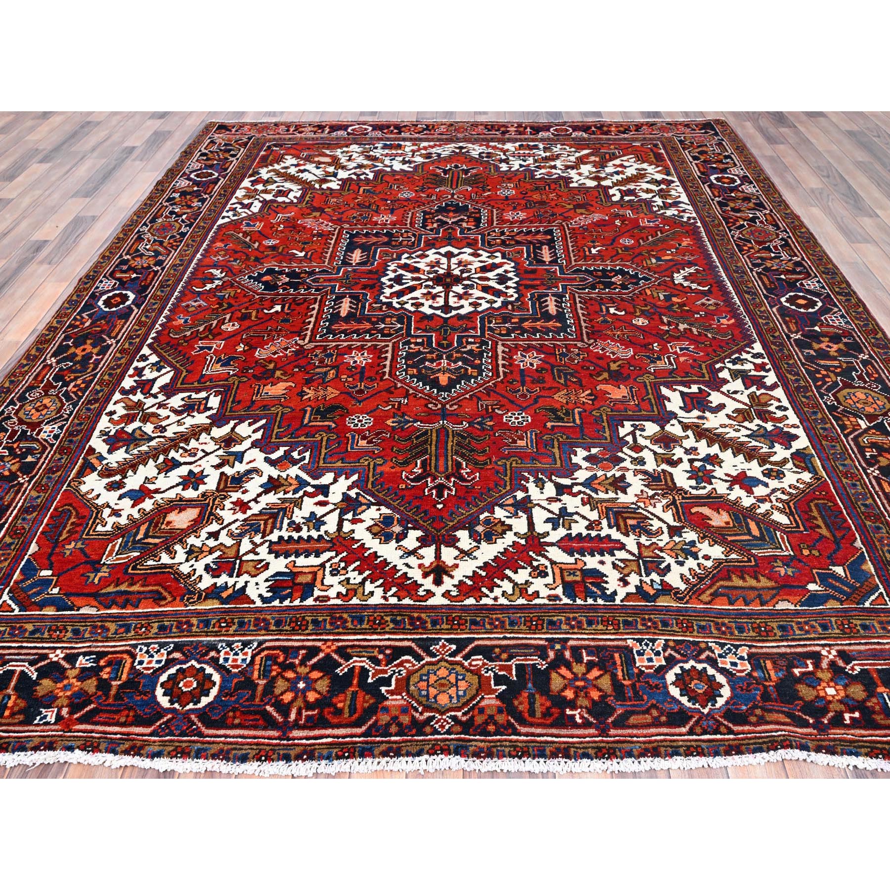 8'5"x10'9" Tomato Red, Pure Wool, Hand Knotted, Semi Antique Persian Heriz, Good Condition, Distressed Feel, Evenly Worn, Oriental Rug Sh85572