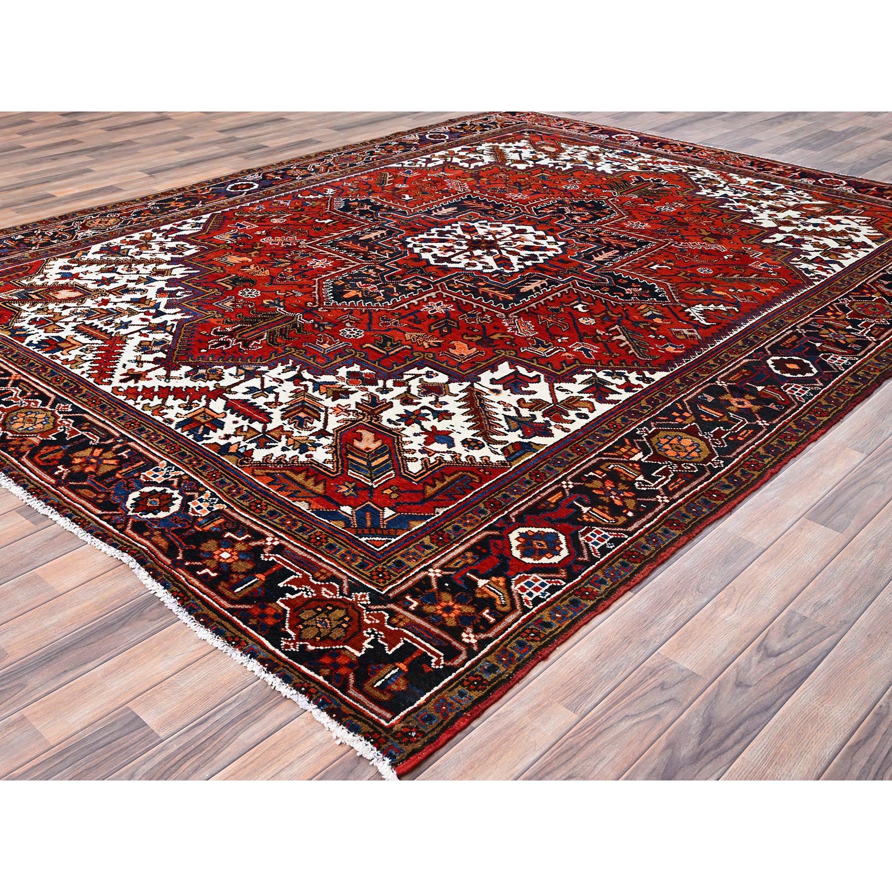 8'5"x10'9" Tomato Red, Pure Wool, Hand Knotted, Semi Antique Persian Heriz, Good Condition, Distressed Feel, Evenly Worn, Oriental Rug Sh85572
