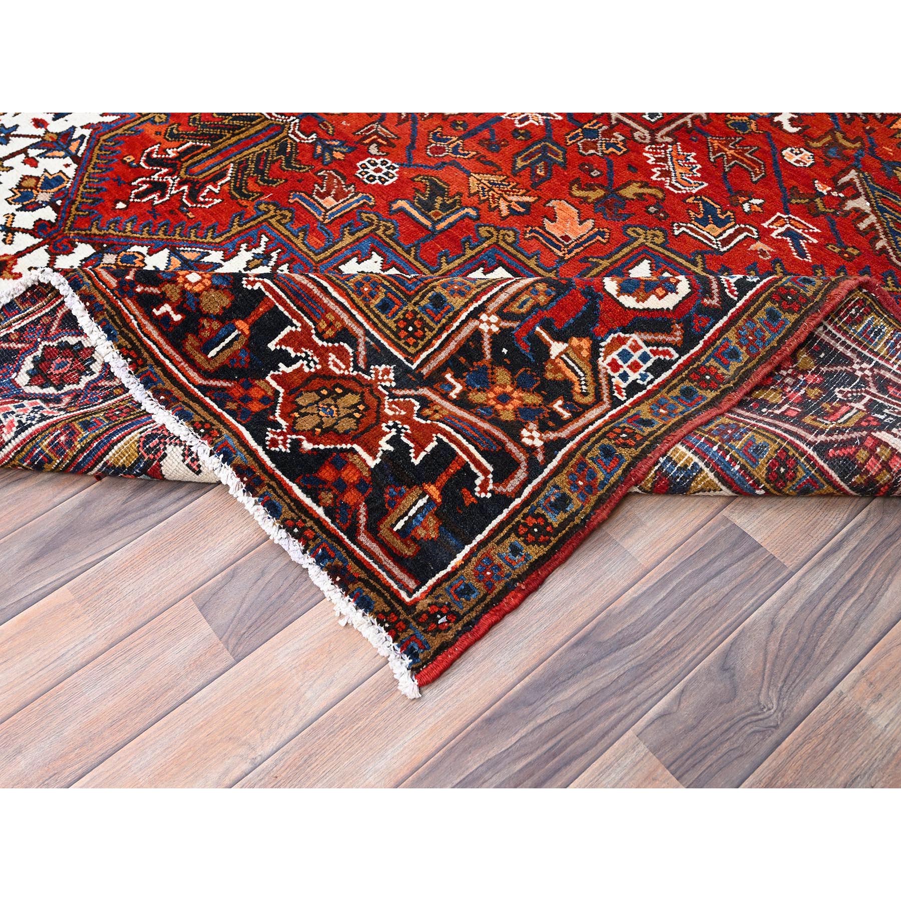 8'5"x10'9" Tomato Red, Pure Wool, Hand Knotted, Semi Antique Persian Heriz, Good Condition, Distressed Feel, Evenly Worn, Oriental Rug Sh85572