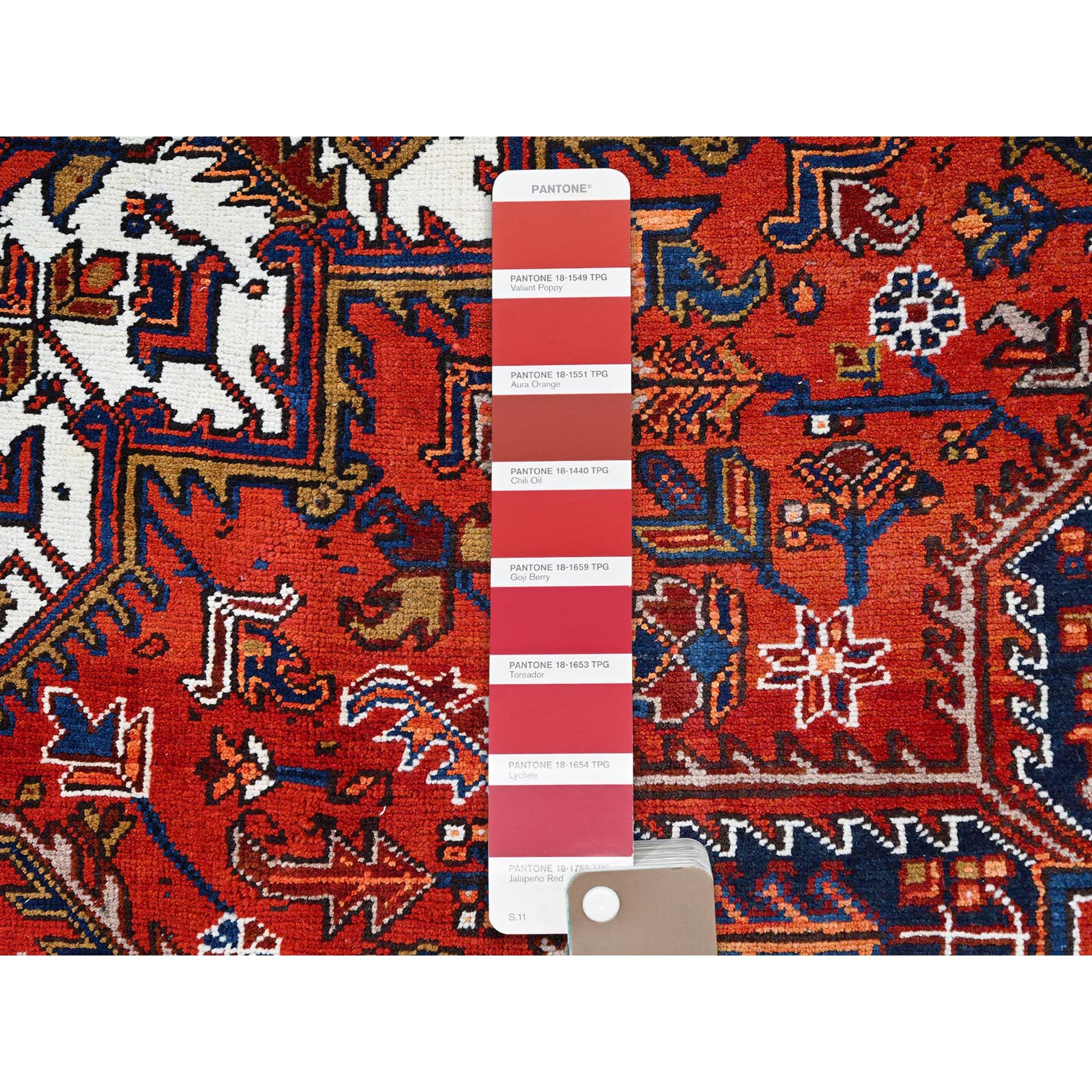 8'5"x10'9" Tomato Red, Pure Wool, Hand Knotted, Semi Antique Persian Heriz, Good Condition, Distressed Feel, Evenly Worn, Oriental Rug Sh85572