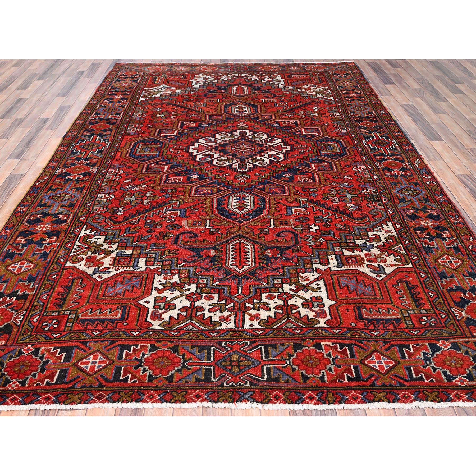 7'9"x11' Raspberry Red, Worn Wool, Hand Knotted, Semi Antique Persian Heriz with Geometric Pattern, Good Condition, Rustic Feel, Oriental Rug Sh85577