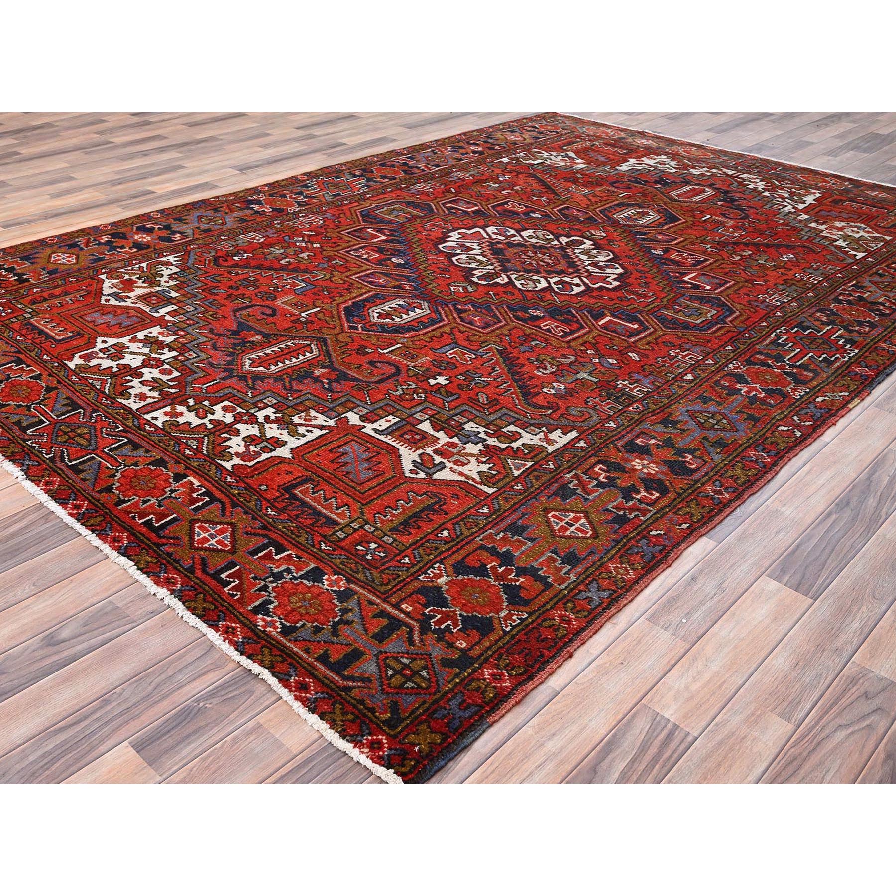7'9"x11' Raspberry Red, Worn Wool, Hand Knotted, Semi Antique Persian Heriz with Geometric Pattern, Good Condition, Rustic Feel, Oriental Rug Sh85577