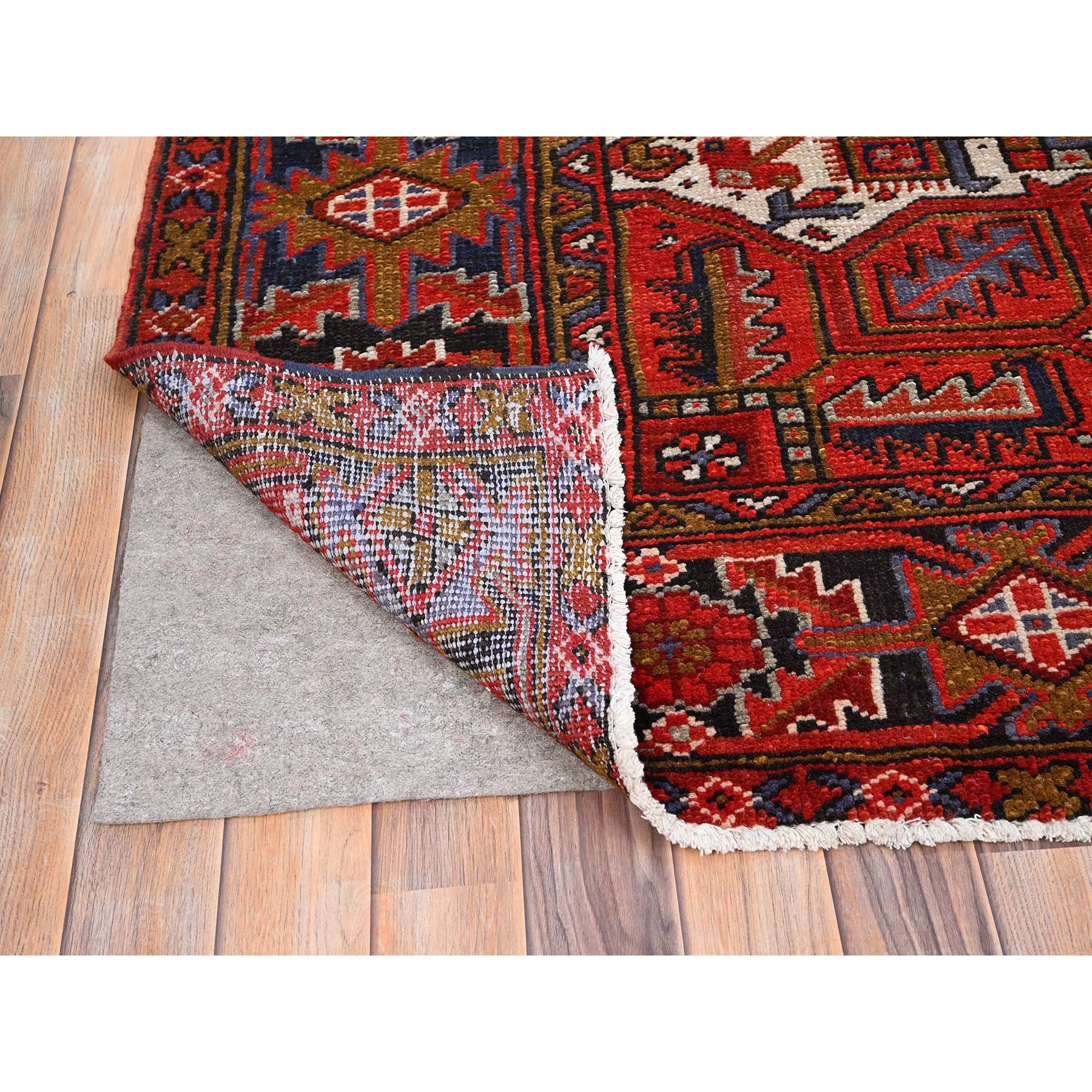 7'9"x11' Raspberry Red, Worn Wool, Hand Knotted, Semi Antique Persian Heriz with Geometric Pattern, Good Condition, Rustic Feel, Oriental Rug Sh85577