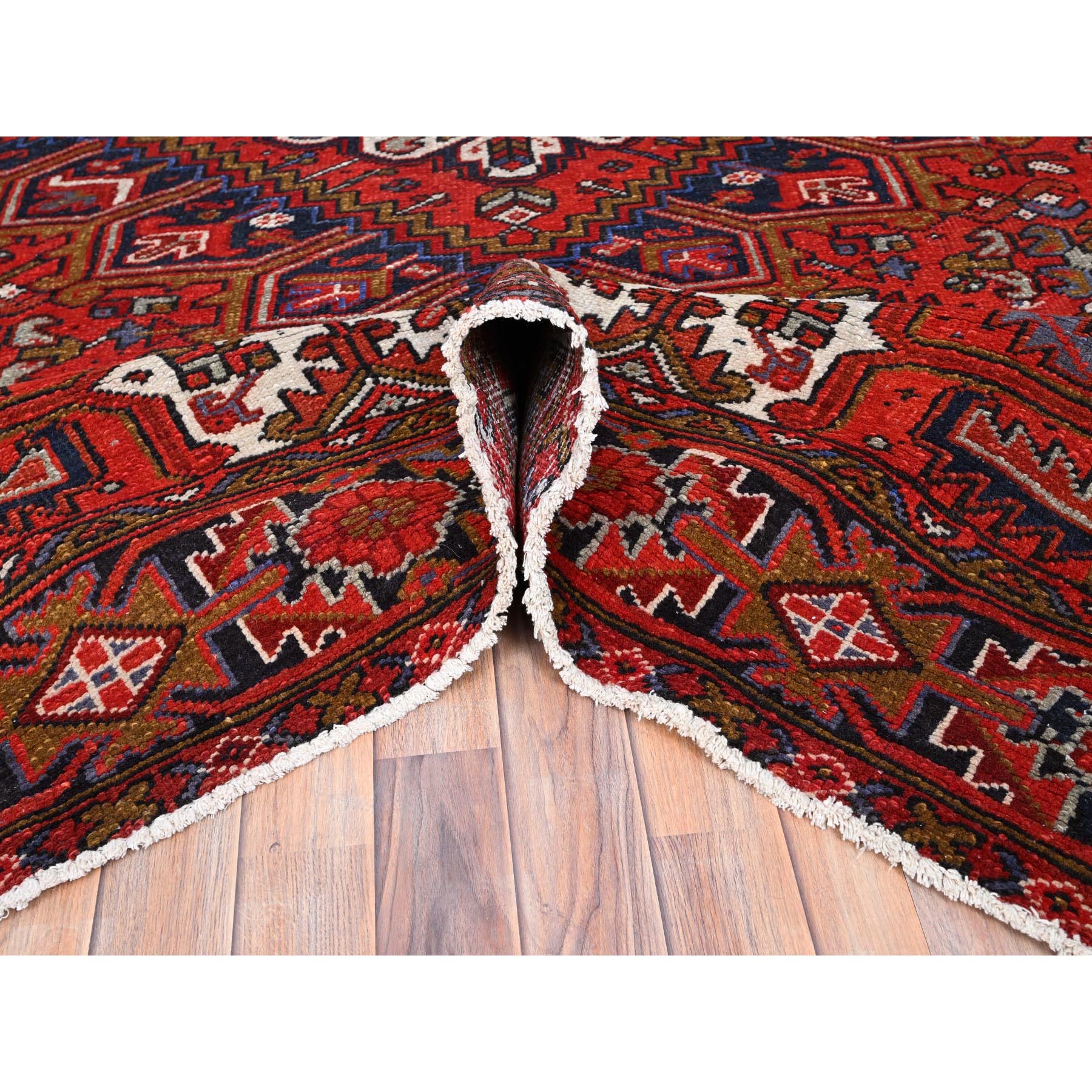 7'9"x11' Raspberry Red, Worn Wool, Hand Knotted, Semi Antique Persian Heriz with Geometric Pattern, Good Condition, Rustic Feel, Oriental Rug Sh85577