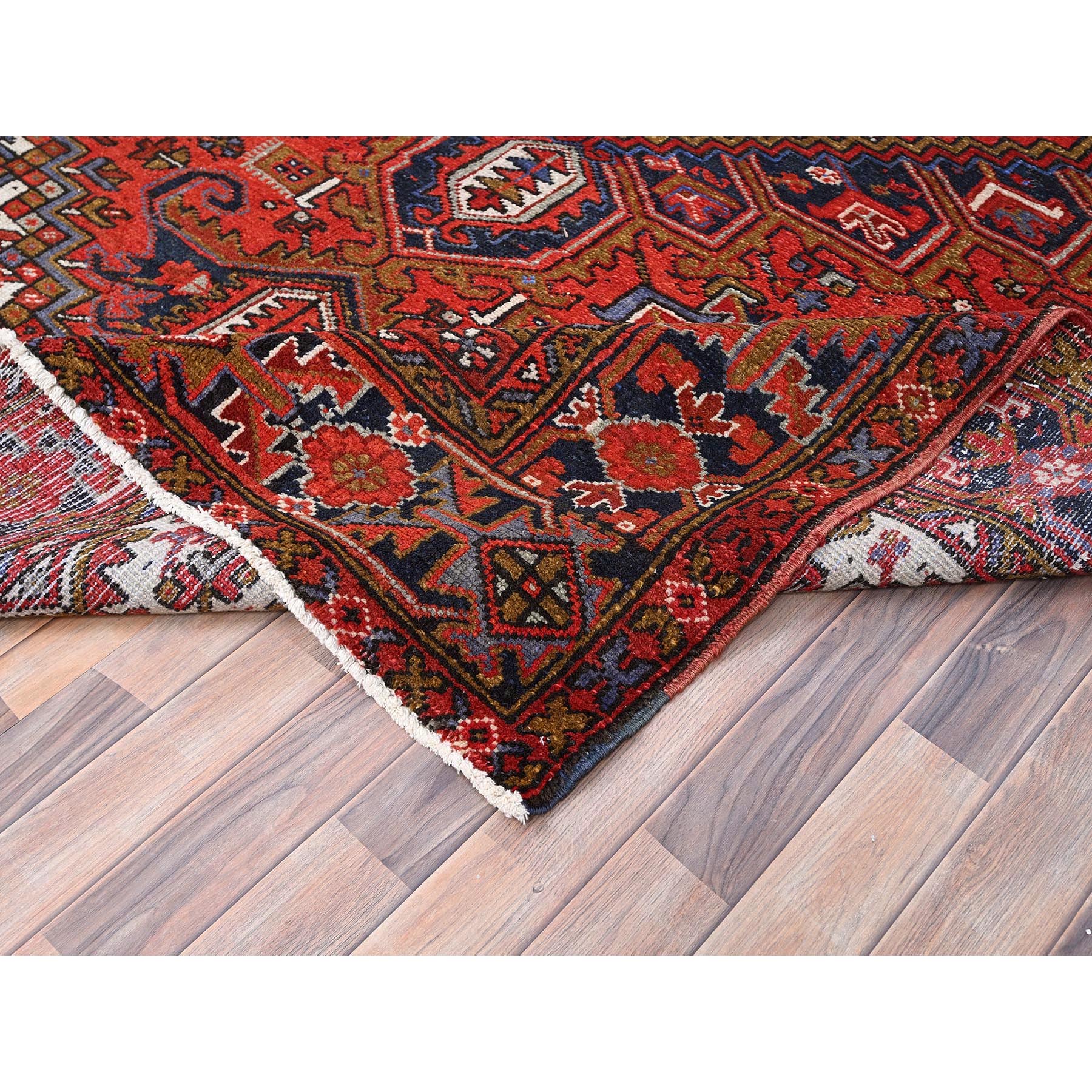 7'9"x11' Raspberry Red, Worn Wool, Hand Knotted, Semi Antique Persian Heriz with Geometric Pattern, Good Condition, Rustic Feel, Oriental Rug Sh85577