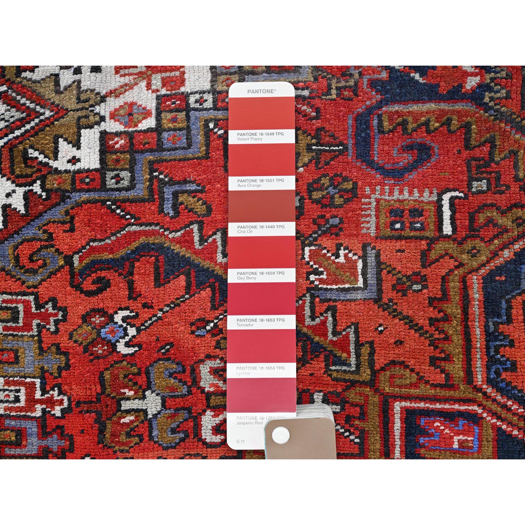 7'9"x11' Raspberry Red, Worn Wool, Hand Knotted, Semi Antique Persian Heriz with Geometric Pattern, Good Condition, Rustic Feel, Oriental Rug Sh85577