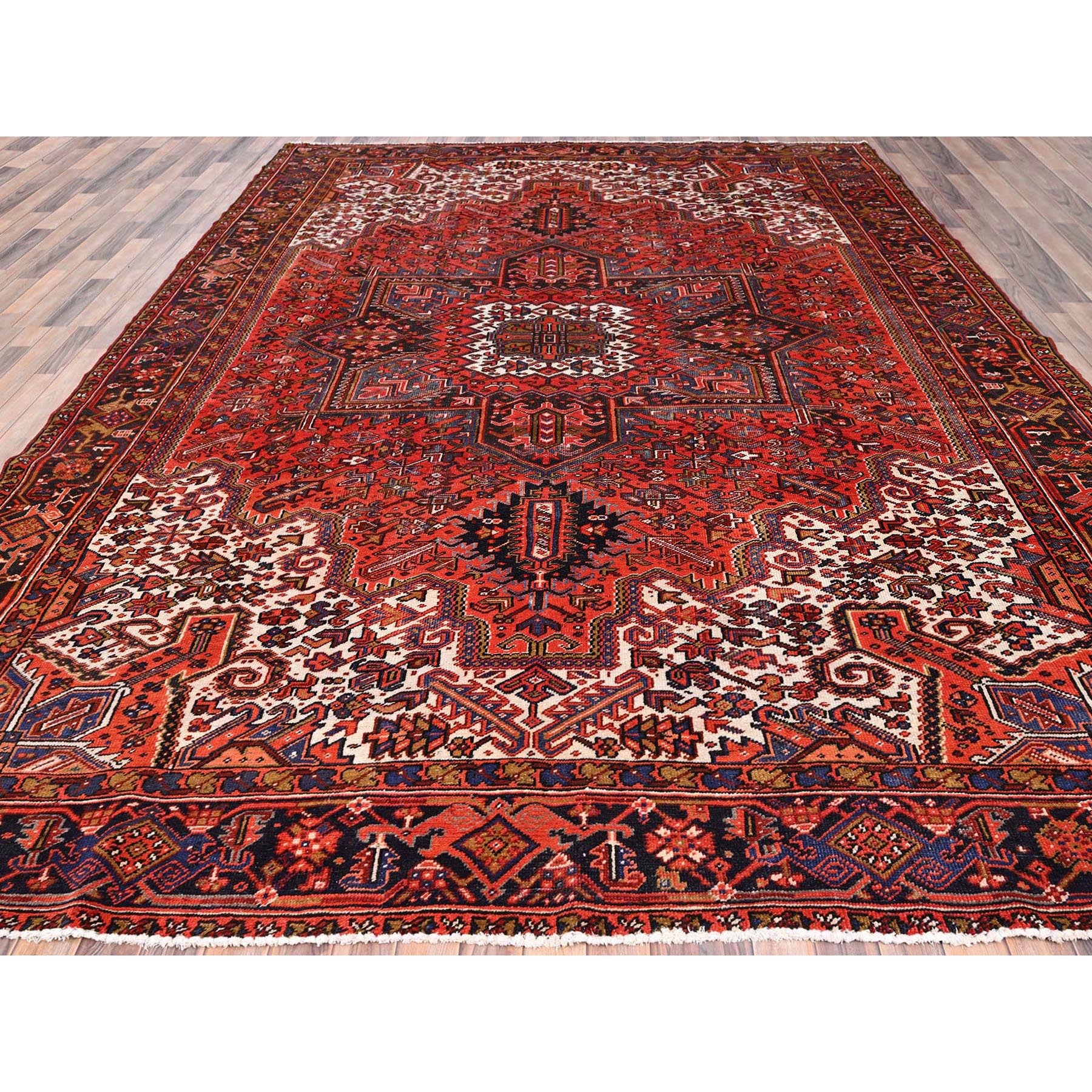 10'x13'2" Fire Brick Red, Pure Wool, Hand Knotted, Semi Antique Persian Heriz with Village Motif, Good Condition, Distressed Look, Oriental Rug Sh85578