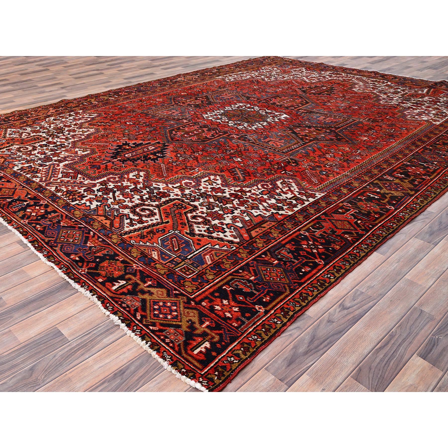 10'x13'2" Fire Brick Red, Pure Wool, Hand Knotted, Semi Antique Persian Heriz with Village Motif, Good Condition, Distressed Look, Oriental Rug Sh85578