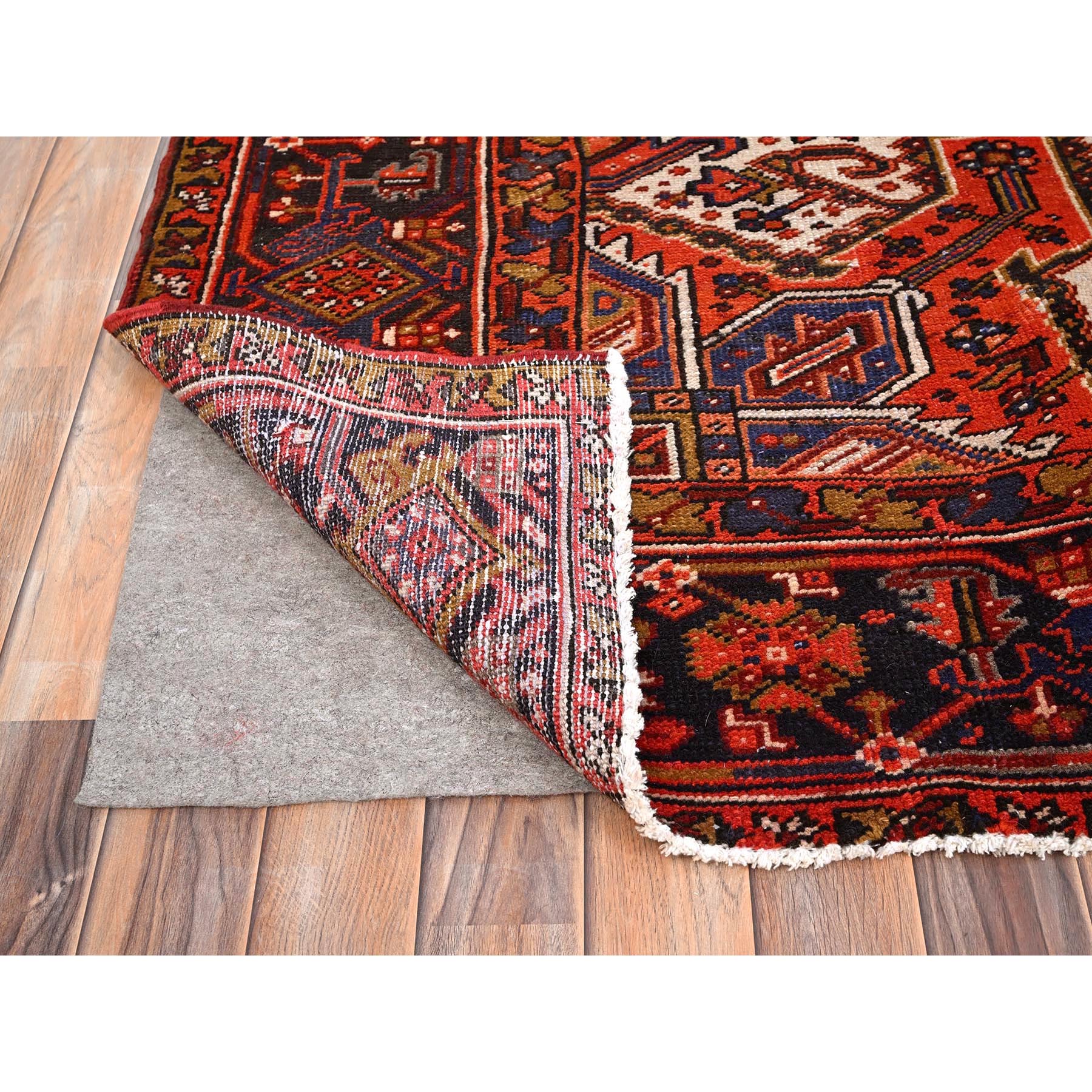 10'x13'2" Fire Brick Red, Pure Wool, Hand Knotted, Semi Antique Persian Heriz with Village Motif, Good Condition, Distressed Look, Oriental Rug Sh85578