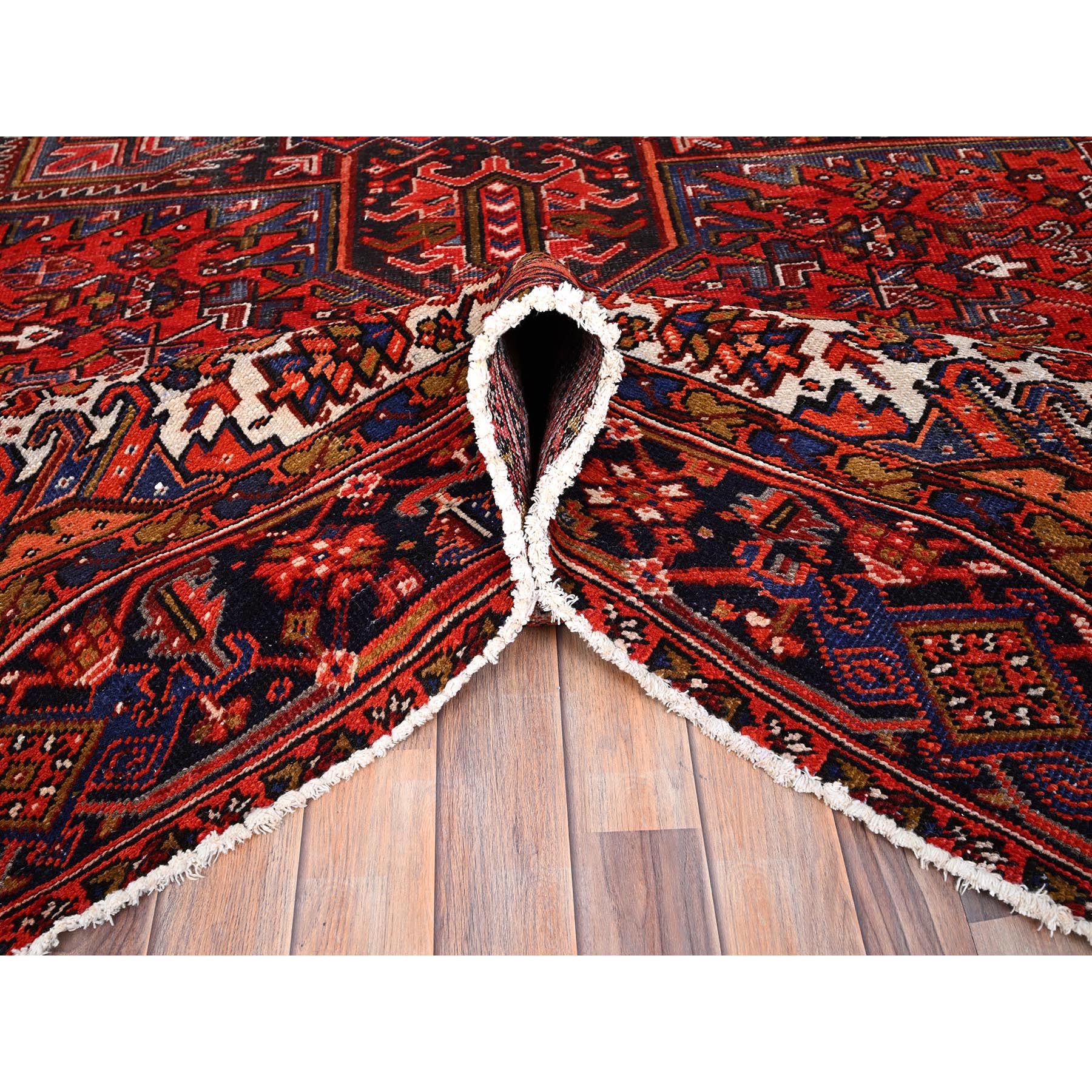 10'x13'2" Fire Brick Red, Pure Wool, Hand Knotted, Semi Antique Persian Heriz with Village Motif, Good Condition, Distressed Look, Oriental Rug Sh85578