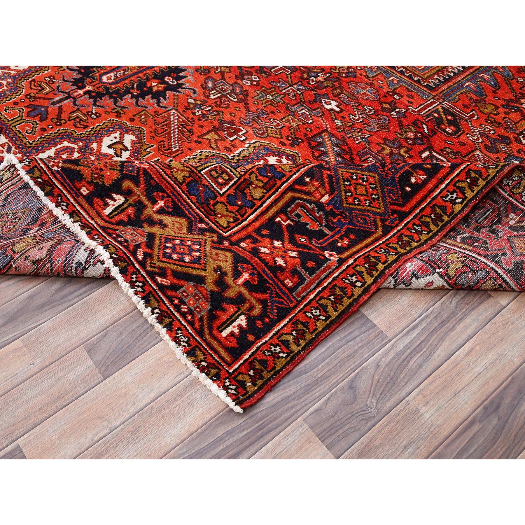 10'x13'2" Fire Brick Red, Pure Wool, Hand Knotted, Semi Antique Persian Heriz with Village Motif, Good Condition, Distressed Look, Oriental Rug Sh85578