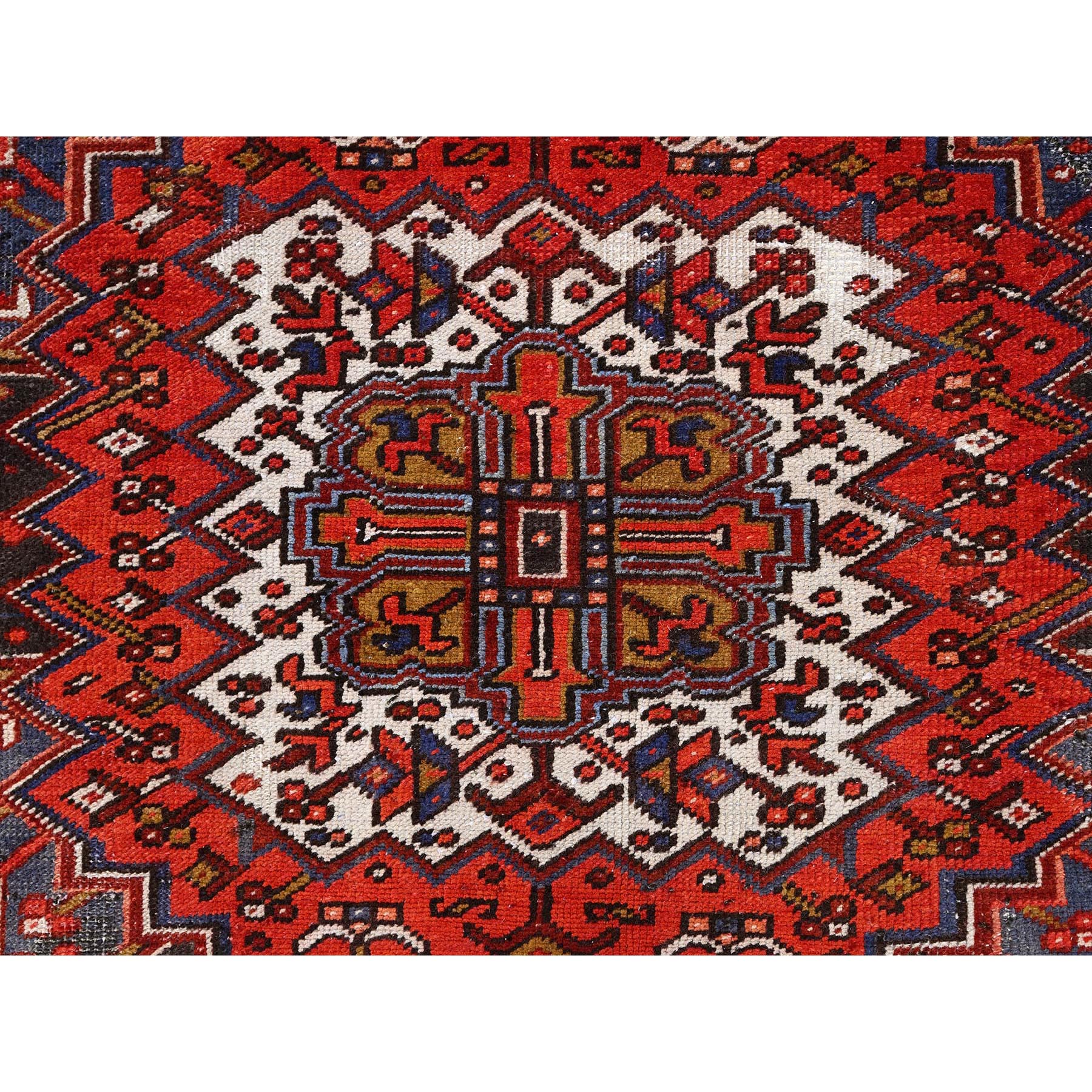 10'x13'2" Fire Brick Red, Pure Wool, Hand Knotted, Semi Antique Persian Heriz with Village Motif, Good Condition, Distressed Look, Oriental Rug Sh85578