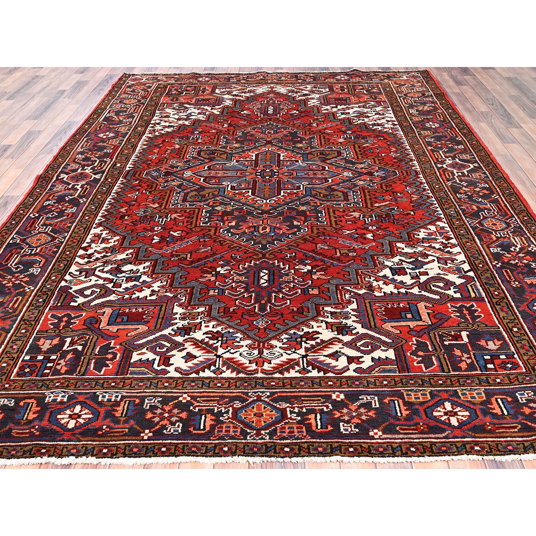 8'1"x11'1" Imperial Red, Semi Antique Persian Heriz with Village Motif, Good Condition, Rustic Feel, Worn Wool, Hand Knotted, Oriental Rug Sh85581
