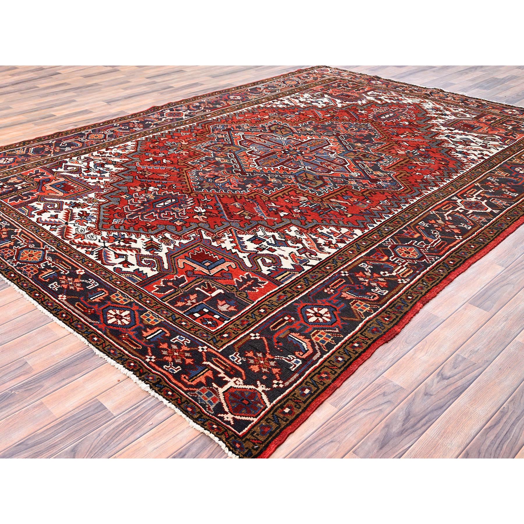 8'1"x11'1" Imperial Red, Semi Antique Persian Heriz with Village Motif, Good Condition, Rustic Feel, Worn Wool, Hand Knotted, Oriental Rug Sh85581