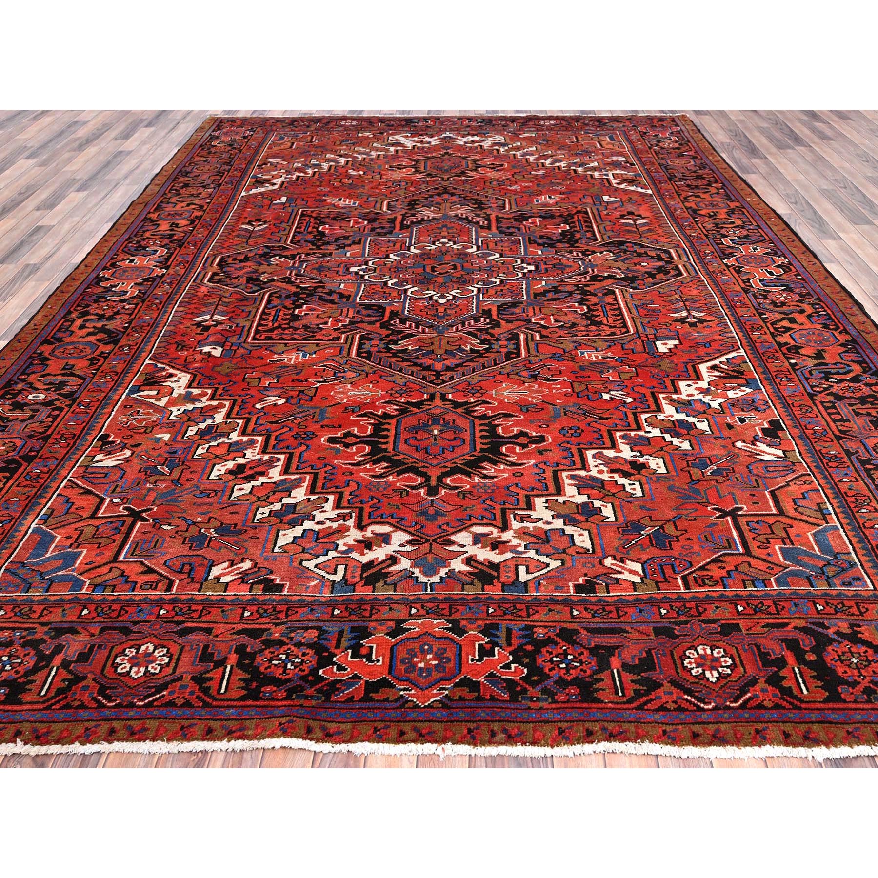 9'8"x13' Imperial Red, Pure Wool, Hand Knotted, Semi Antique Persian Heriz, Good Condition, Distressed Feel, Evenly Worn, Oriental Rug Sh85584