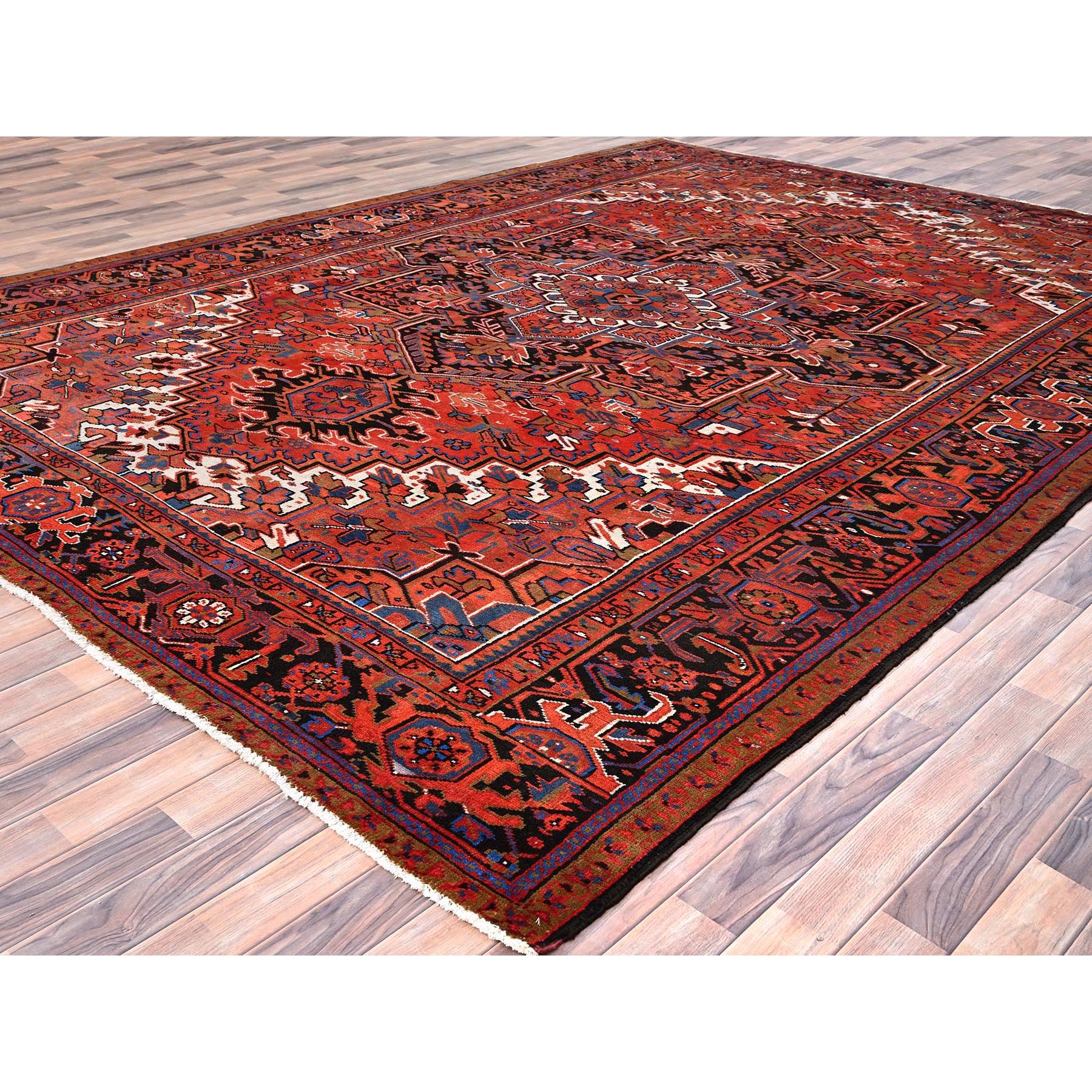 9'8"x13' Imperial Red, Pure Wool, Hand Knotted, Semi Antique Persian Heriz, Good Condition, Distressed Feel, Evenly Worn, Oriental Rug Sh85584
