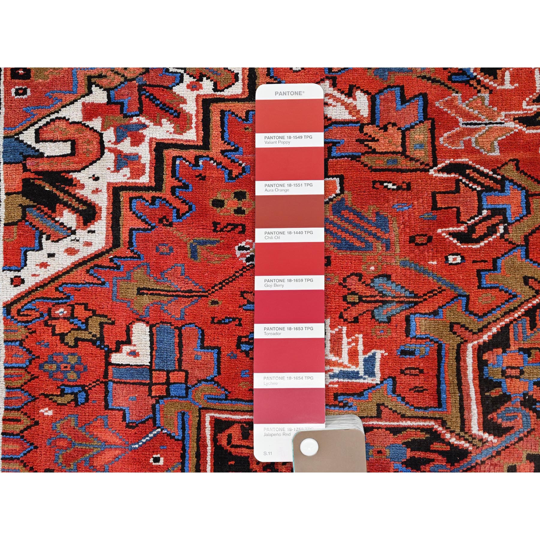 9'8"x13' Imperial Red, Pure Wool, Hand Knotted, Semi Antique Persian Heriz, Good Condition, Distressed Feel, Evenly Worn, Oriental Rug Sh85584