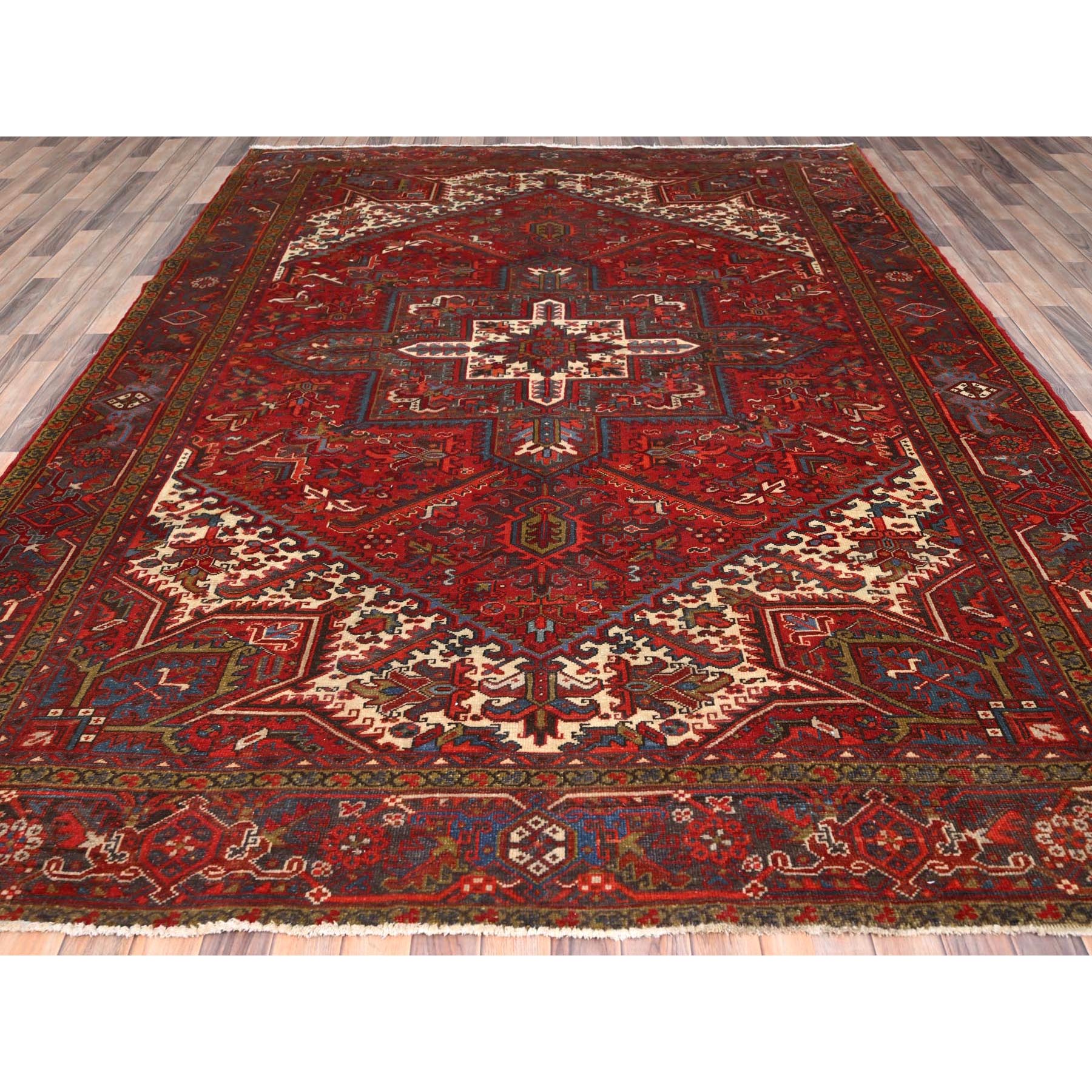 8'4"x10'10" Crimson Red, Good Condition, Distressed Feel, Evenly Worn, Pure Wool, Hand Knotted, Vintage Persian Heriz with Geometric Pattern, Oriental Rug Sh85588