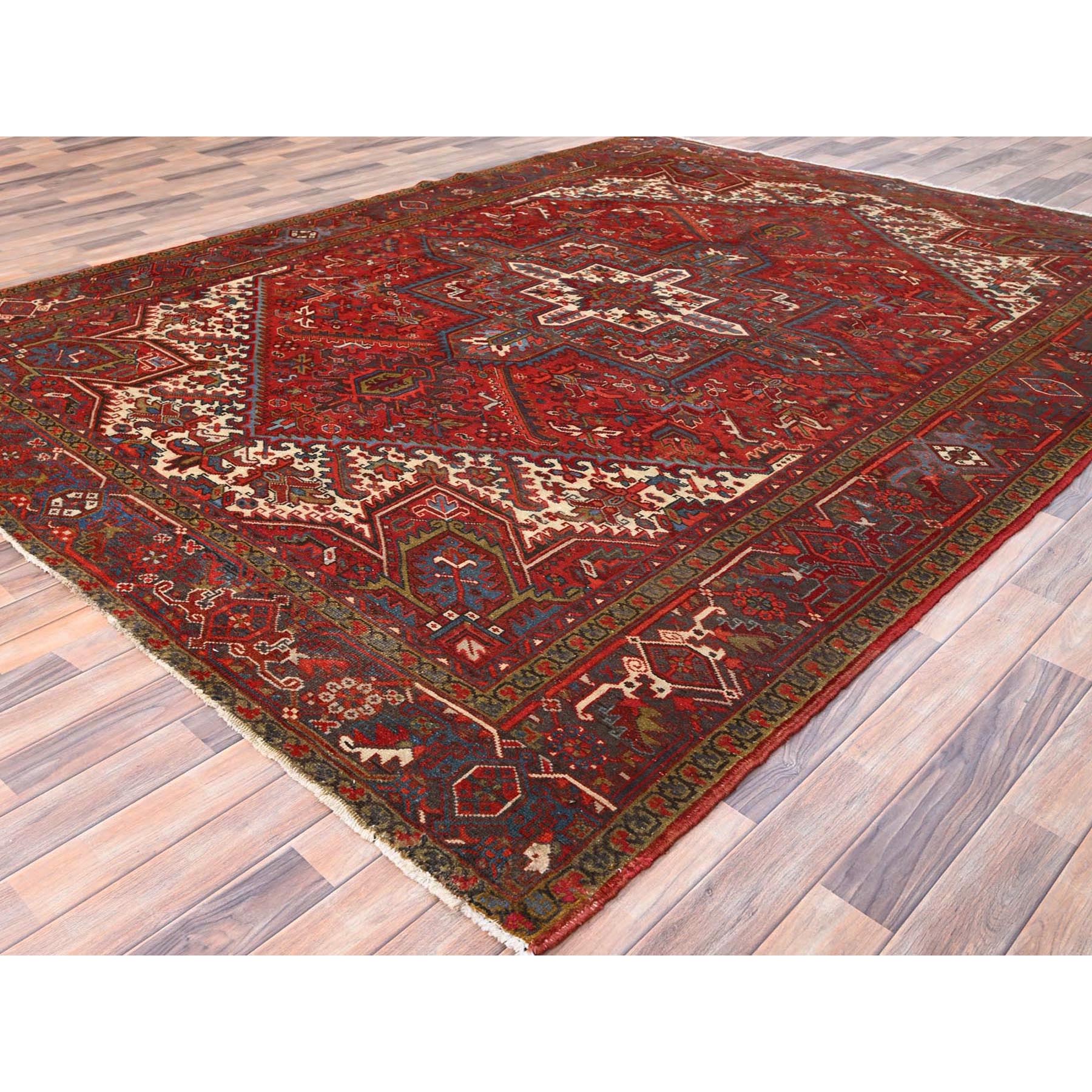 8'4"x10'10" Crimson Red, Good Condition, Distressed Feel, Evenly Worn, Pure Wool, Hand Knotted, Vintage Persian Heriz with Geometric Pattern, Oriental Rug Sh85588