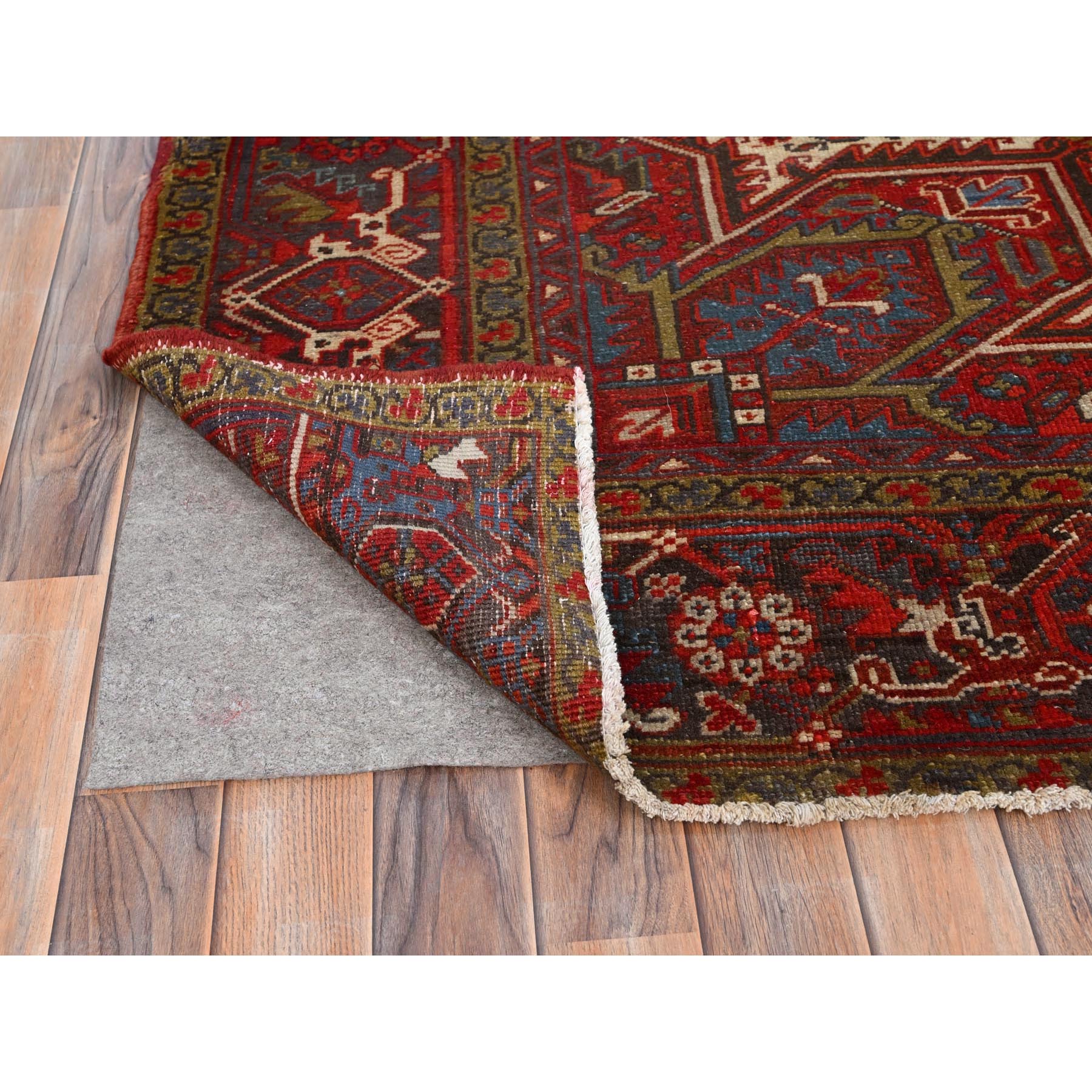 8'4"x10'10" Crimson Red, Good Condition, Distressed Feel, Evenly Worn, Pure Wool, Hand Knotted, Vintage Persian Heriz with Geometric Pattern, Oriental Rug Sh85588