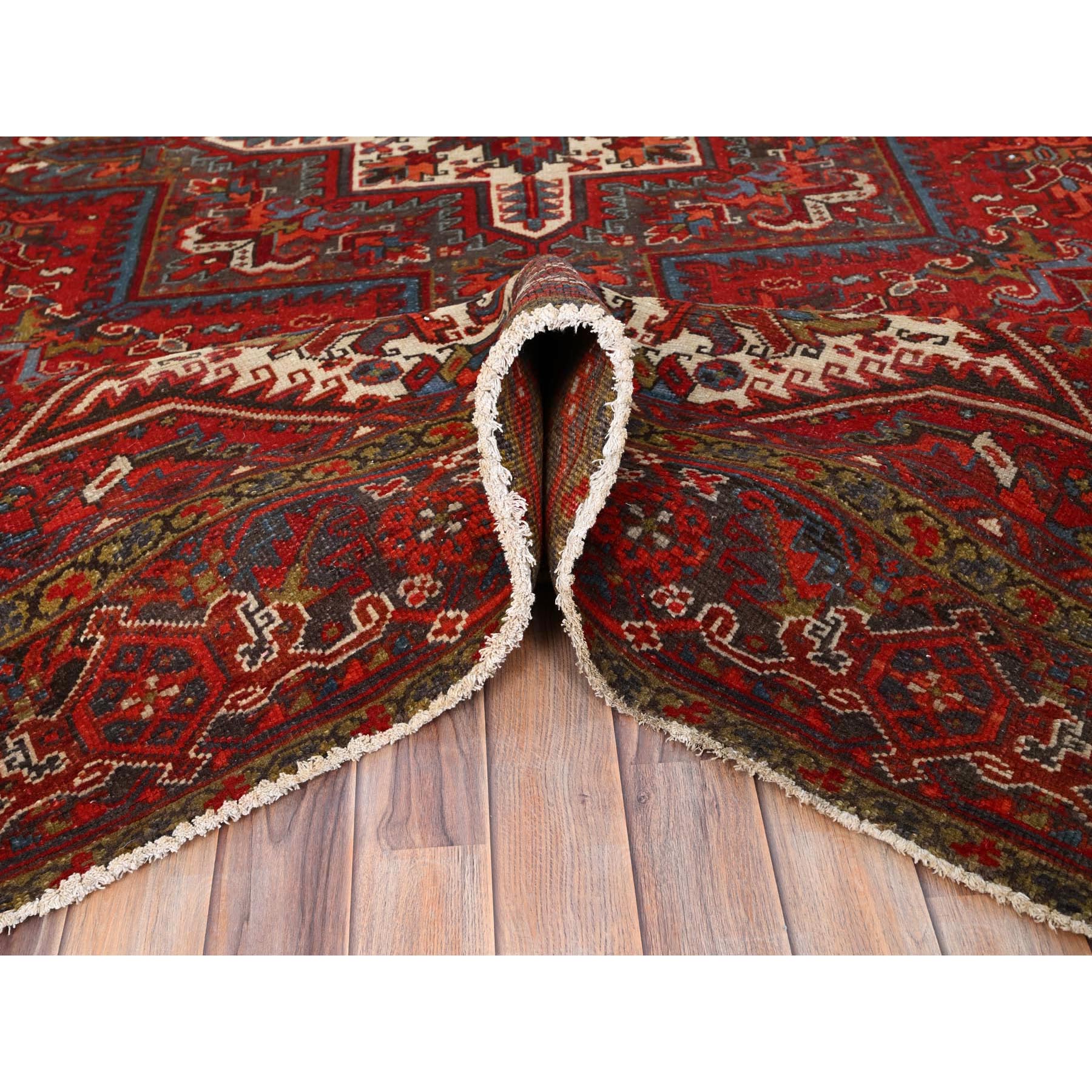 8'4"x10'10" Crimson Red, Good Condition, Distressed Feel, Evenly Worn, Pure Wool, Hand Knotted, Vintage Persian Heriz with Geometric Pattern, Oriental Rug Sh85588