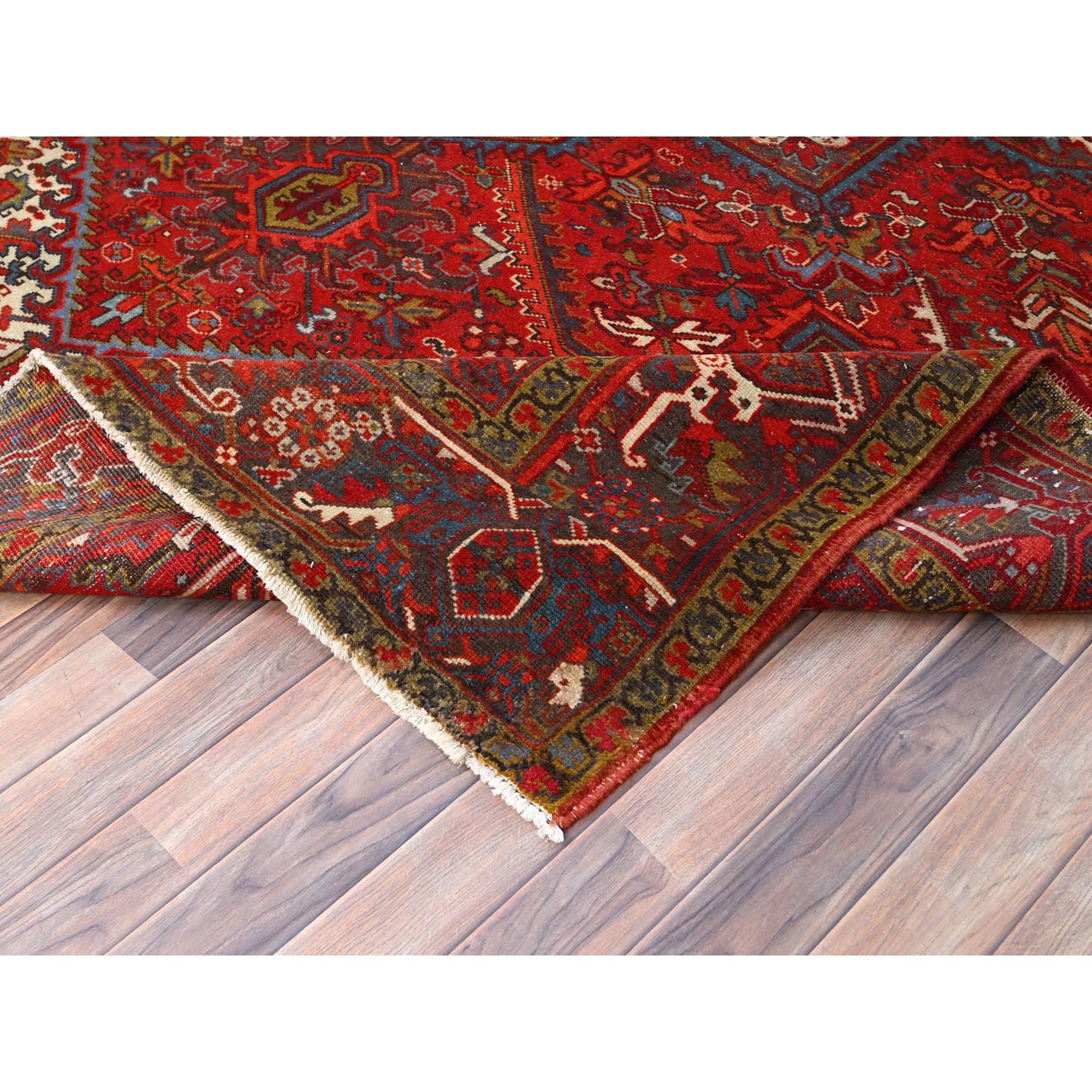 8'4"x10'10" Crimson Red, Good Condition, Distressed Feel, Evenly Worn, Pure Wool, Hand Knotted, Vintage Persian Heriz with Geometric Pattern, Oriental Rug Sh85588