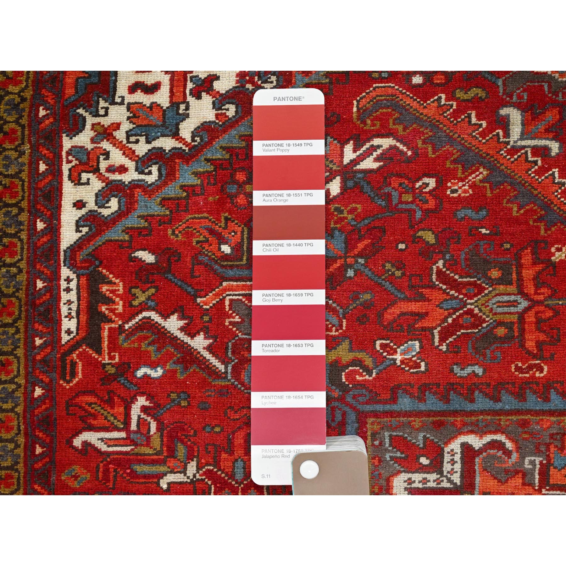 8'4"x10'10" Crimson Red, Good Condition, Distressed Feel, Evenly Worn, Pure Wool, Hand Knotted, Vintage Persian Heriz with Geometric Pattern, Oriental Rug Sh85588