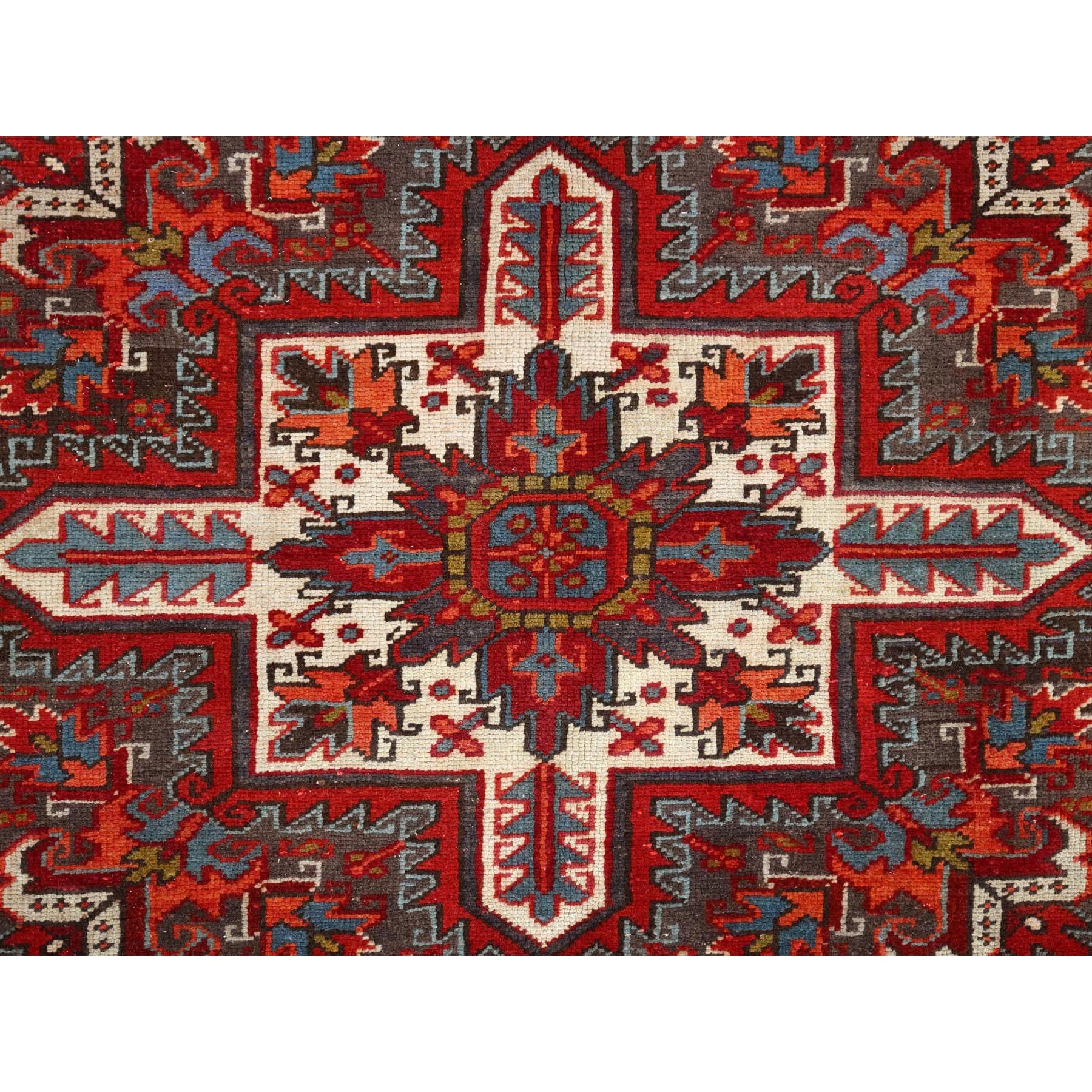 8'4"x10'10" Crimson Red, Good Condition, Distressed Feel, Evenly Worn, Pure Wool, Hand Knotted, Vintage Persian Heriz with Geometric Pattern, Oriental Rug Sh85588