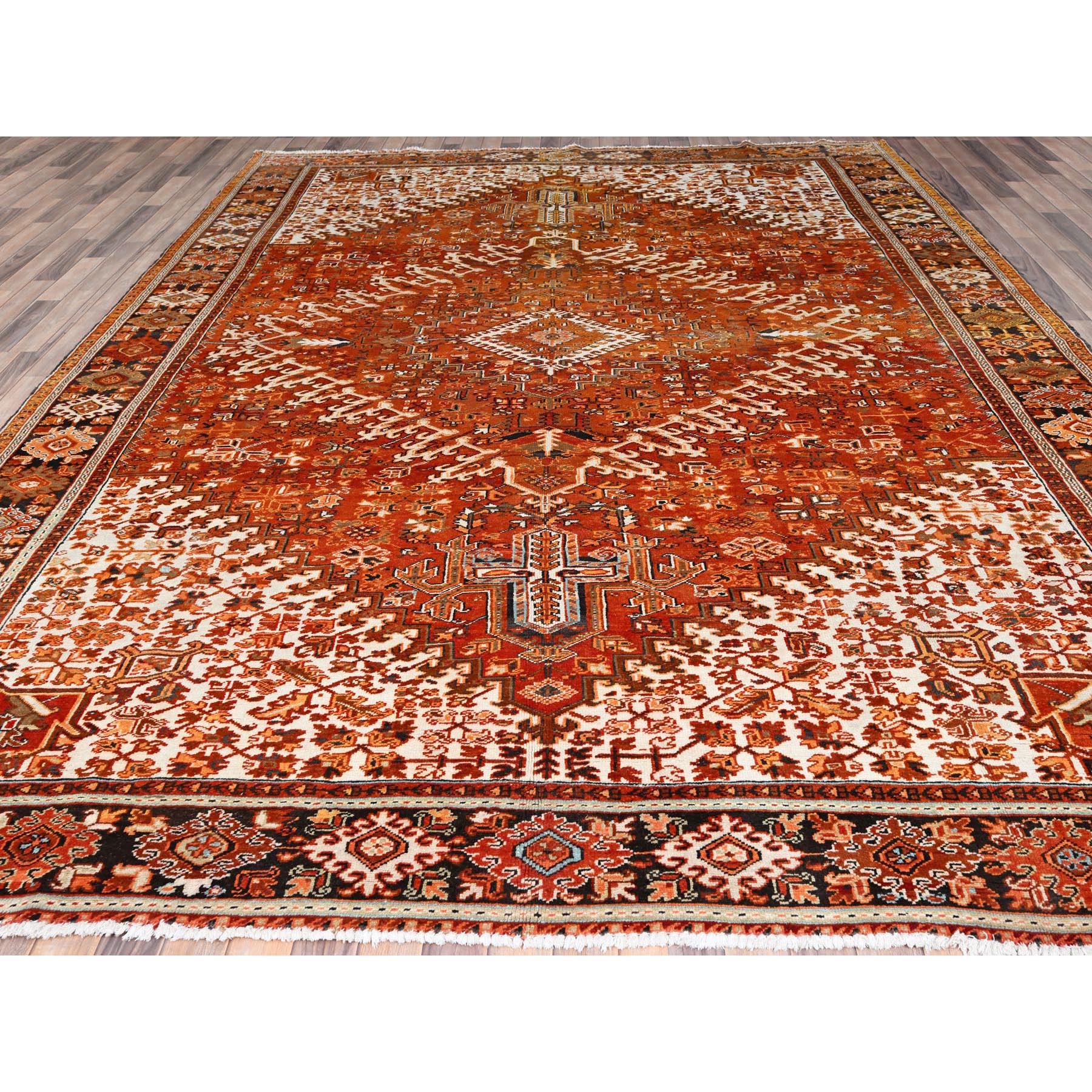 10'2"x13' Alloy Orange, Semi Antique Persian Heriz with Ivory Corners, Good Condition, Rustic Feel, Worn Wool, Hand Knotted, Oriental Rug Sh85656