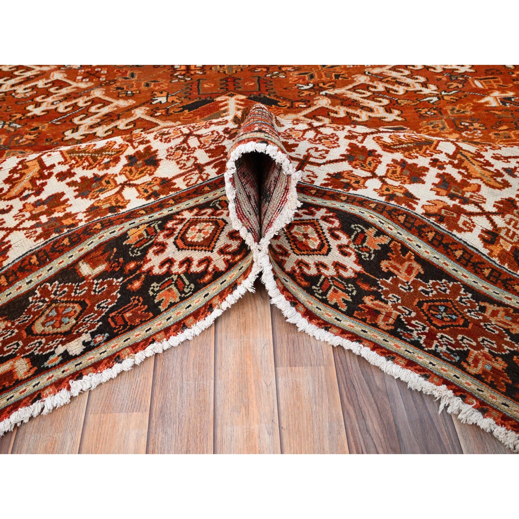 10'2"x13' Alloy Orange, Semi Antique Persian Heriz with Ivory Corners, Good Condition, Rustic Feel, Worn Wool, Hand Knotted, Oriental Rug Sh85656
