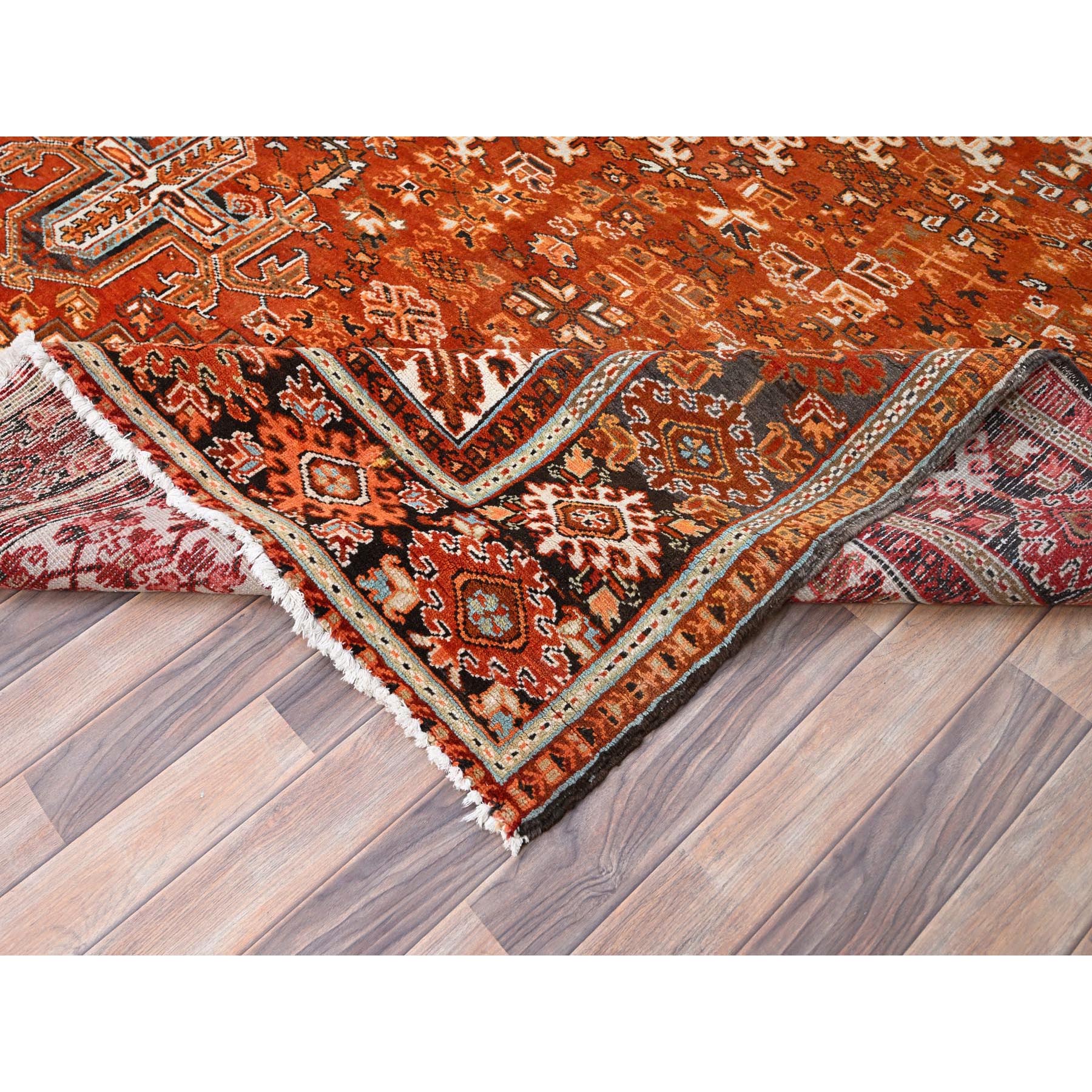 10'2"x13' Alloy Orange, Semi Antique Persian Heriz with Ivory Corners, Good Condition, Rustic Feel, Worn Wool, Hand Knotted, Oriental Rug Sh85656