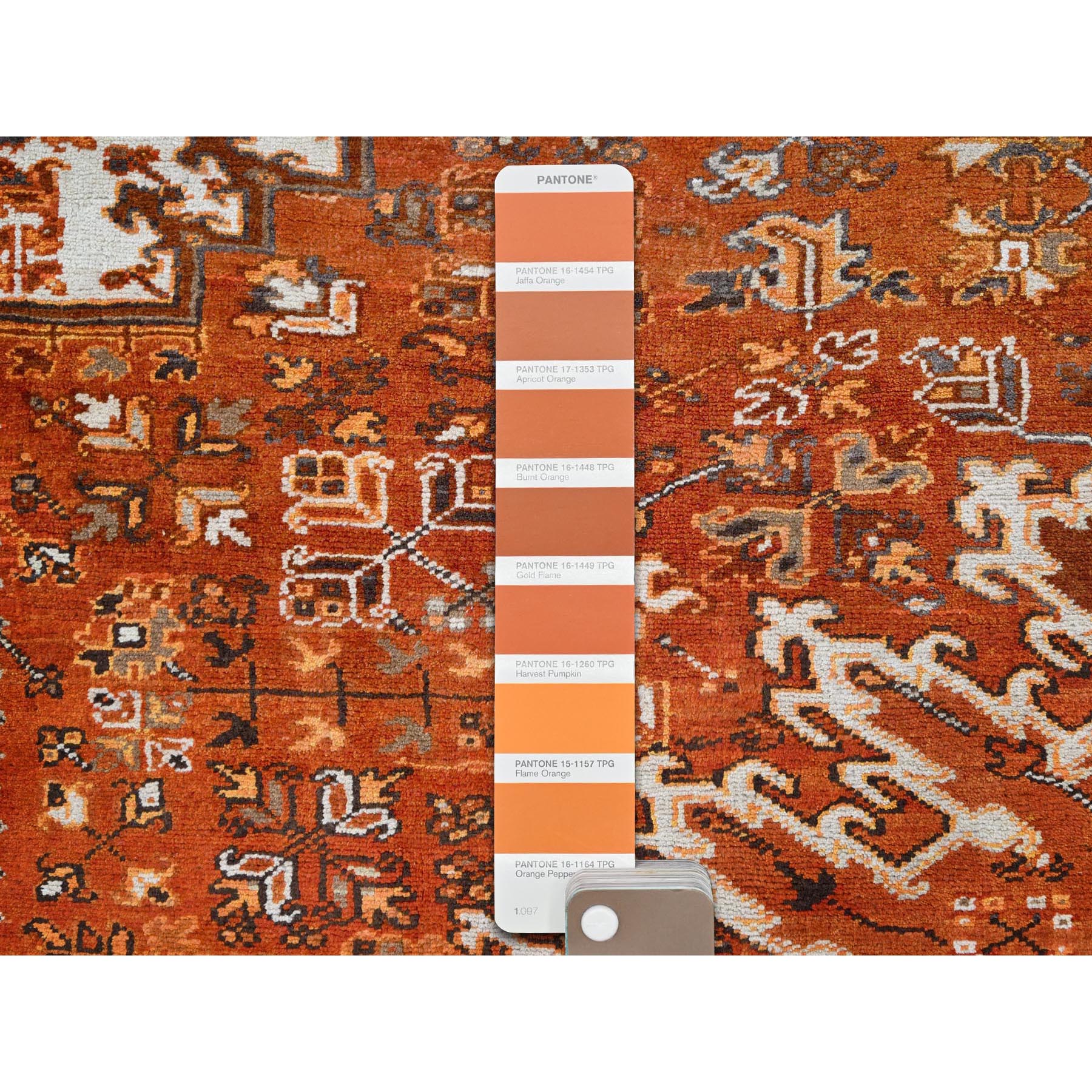 10'2"x13' Alloy Orange, Semi Antique Persian Heriz with Ivory Corners, Good Condition, Rustic Feel, Worn Wool, Hand Knotted, Oriental Rug Sh85656