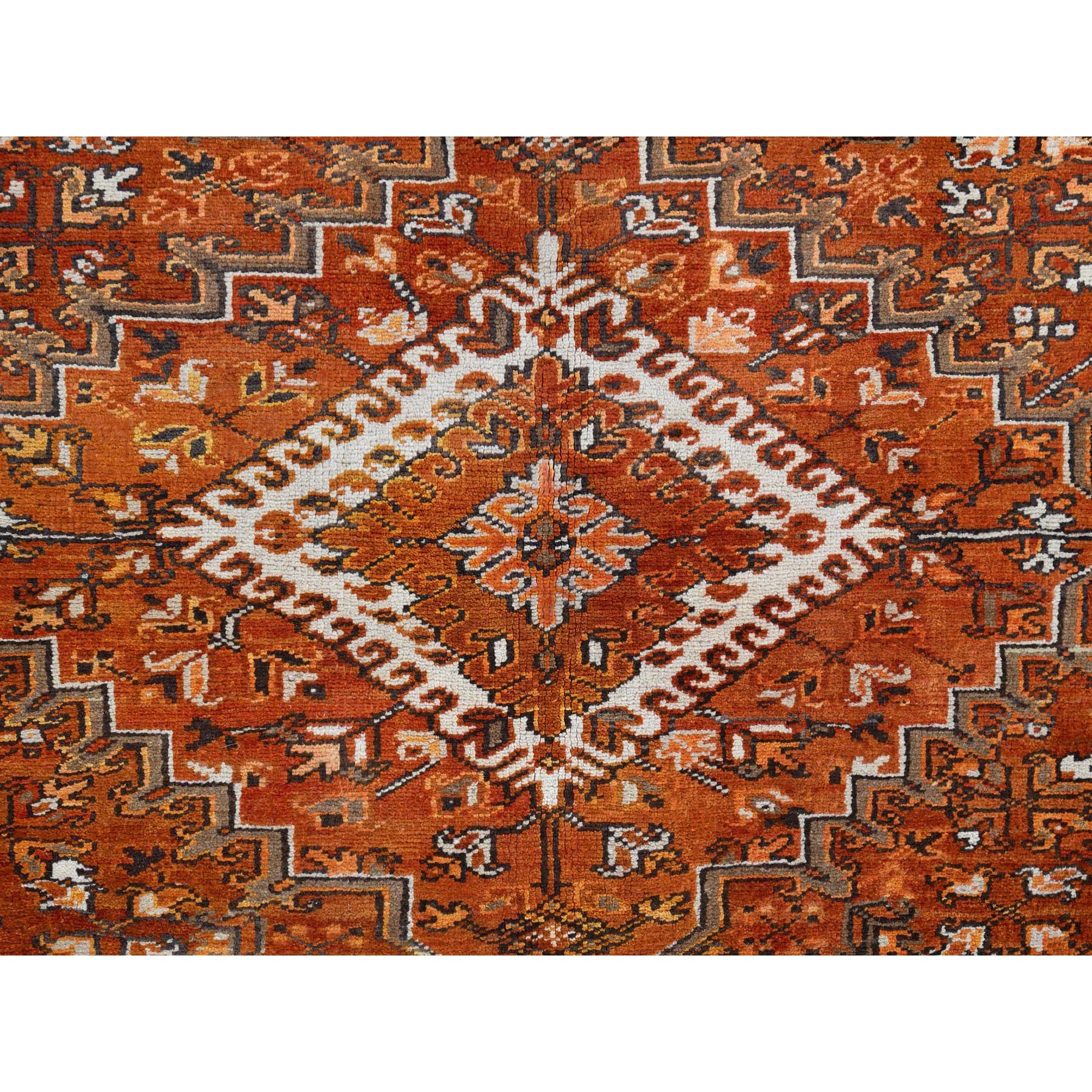 10'2"x13' Alloy Orange, Semi Antique Persian Heriz with Ivory Corners, Good Condition, Rustic Feel, Worn Wool, Hand Knotted, Oriental Rug Sh85656