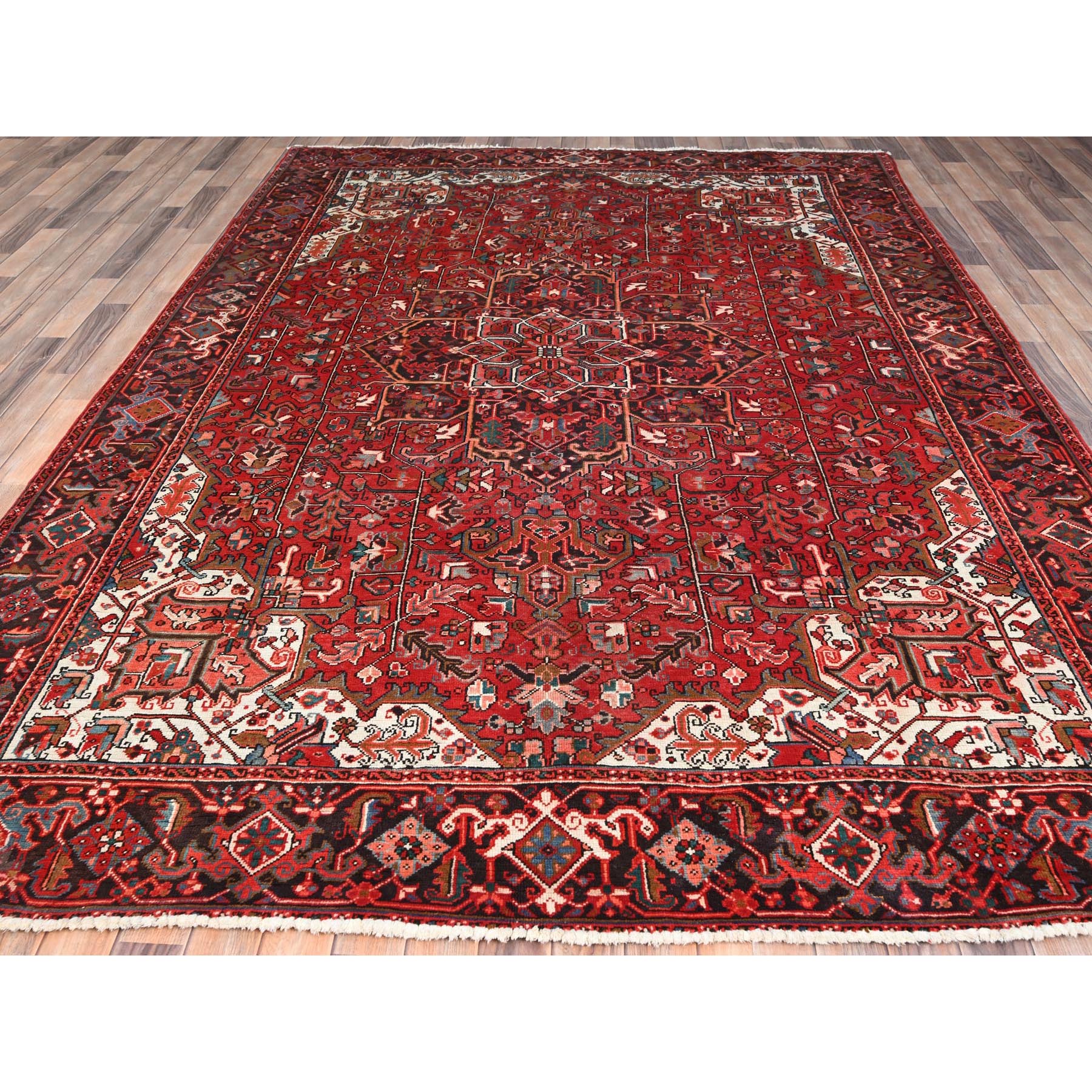 7'7"x11' Chili Red, Rustic Look, Worn Wool, Hand Knotted, Semi Antique Persian Heriz with Tribal Ambience, Good Condition, Oriental Rug Sh85659