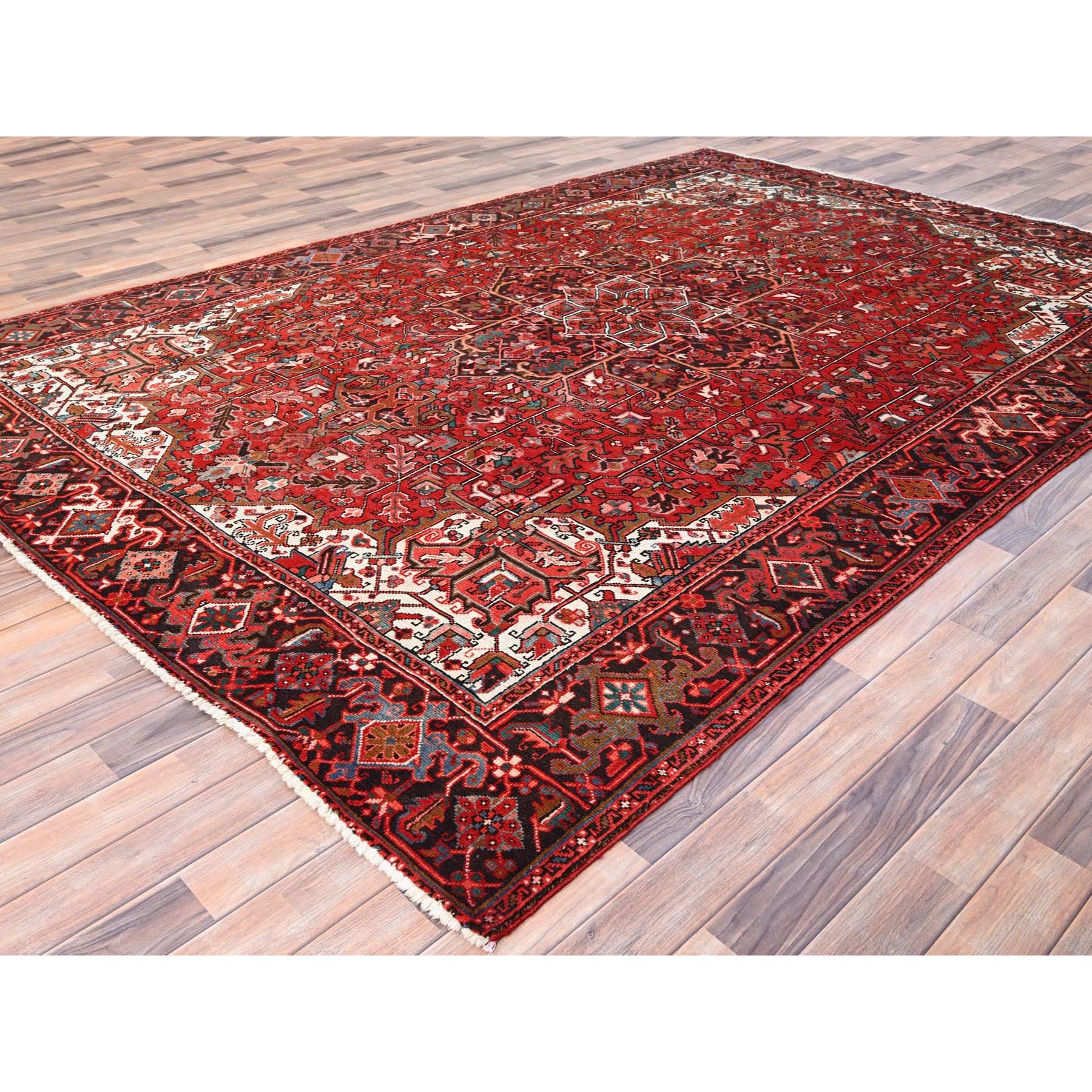 7'7"x11' Chili Red, Rustic Look, Worn Wool, Hand Knotted, Semi Antique Persian Heriz with Tribal Ambience, Good Condition, Oriental Rug Sh85659