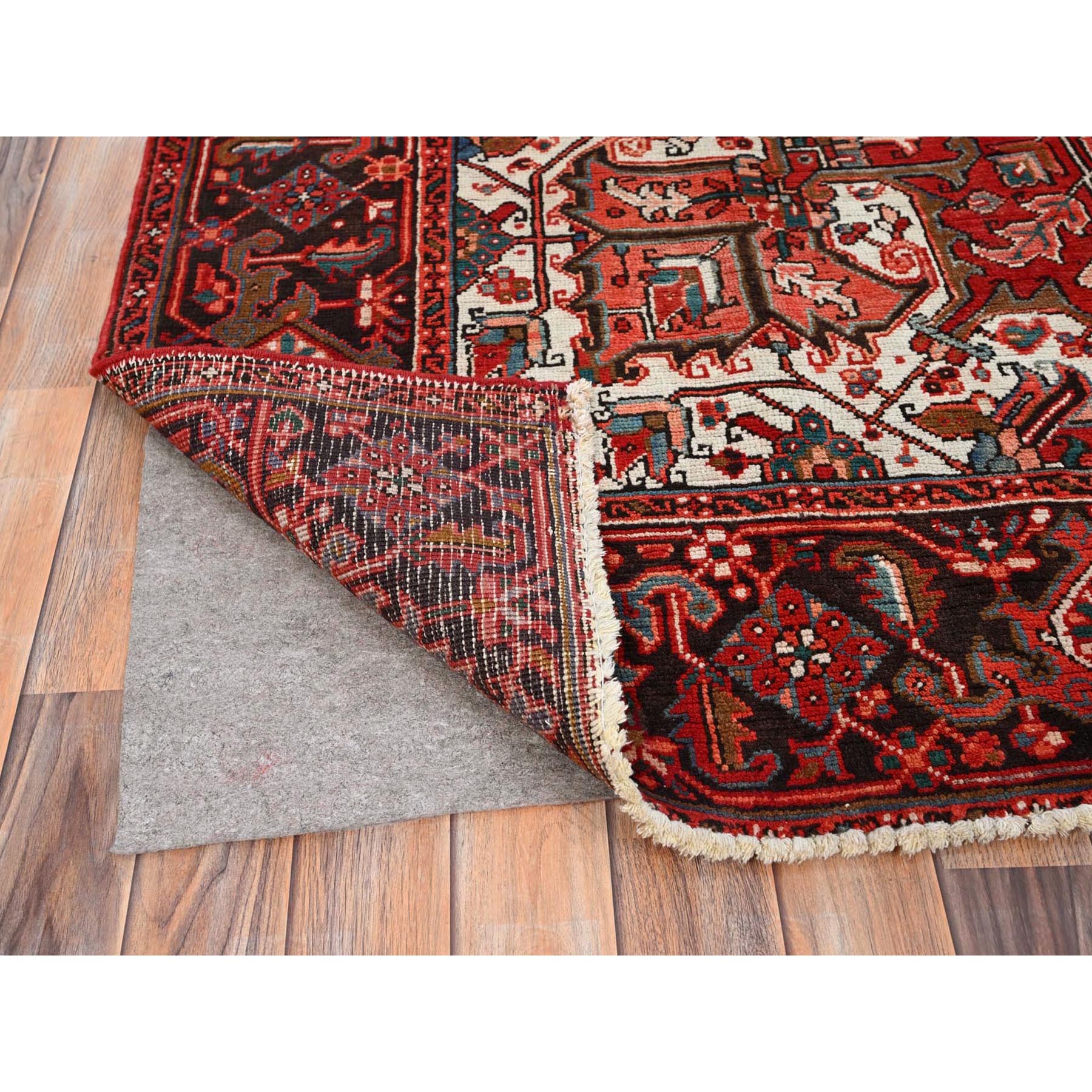 7'7"x11' Chili Red, Rustic Look, Worn Wool, Hand Knotted, Semi Antique Persian Heriz with Tribal Ambience, Good Condition, Oriental Rug Sh85659