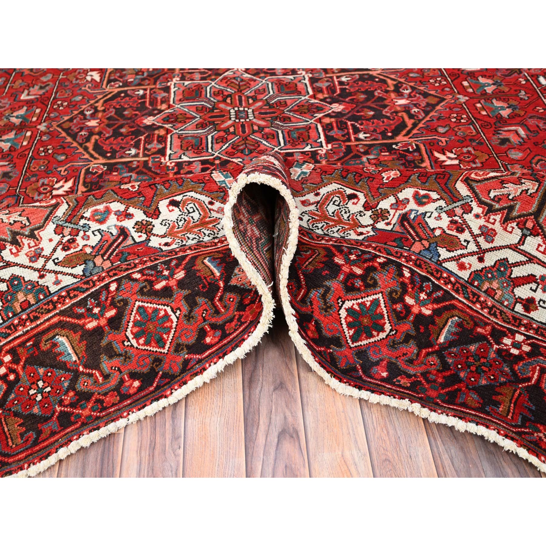 7'7"x11' Chili Red, Rustic Look, Worn Wool, Hand Knotted, Semi Antique Persian Heriz with Tribal Ambience, Good Condition, Oriental Rug Sh85659