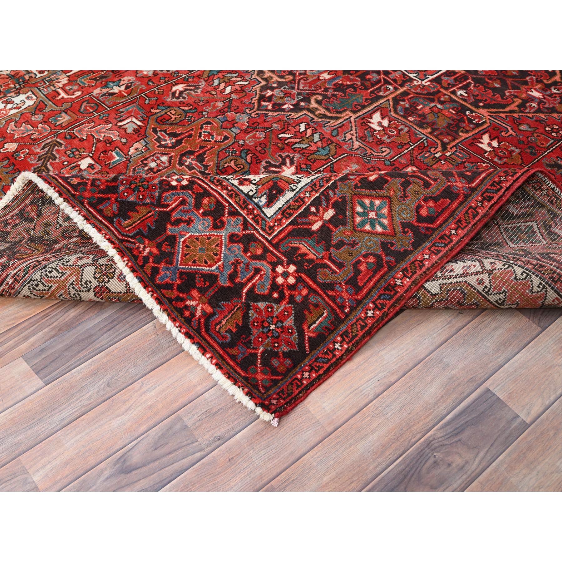 7'7"x11' Chili Red, Rustic Look, Worn Wool, Hand Knotted, Semi Antique Persian Heriz with Tribal Ambience, Good Condition, Oriental Rug Sh85659