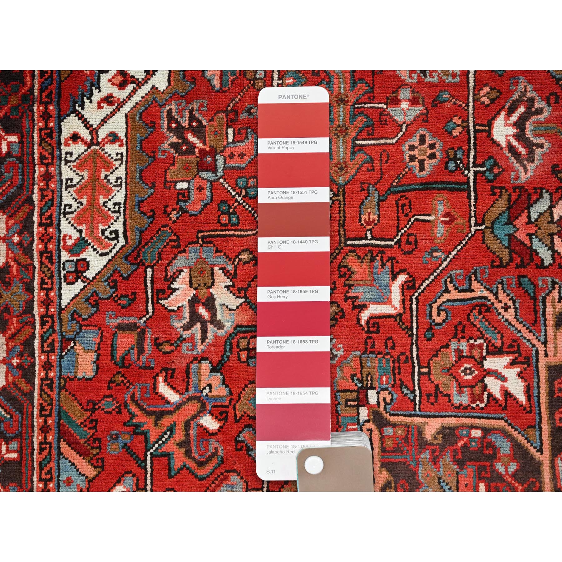 7'7"x11' Chili Red, Rustic Look, Worn Wool, Hand Knotted, Semi Antique Persian Heriz with Tribal Ambience, Good Condition, Oriental Rug Sh85659