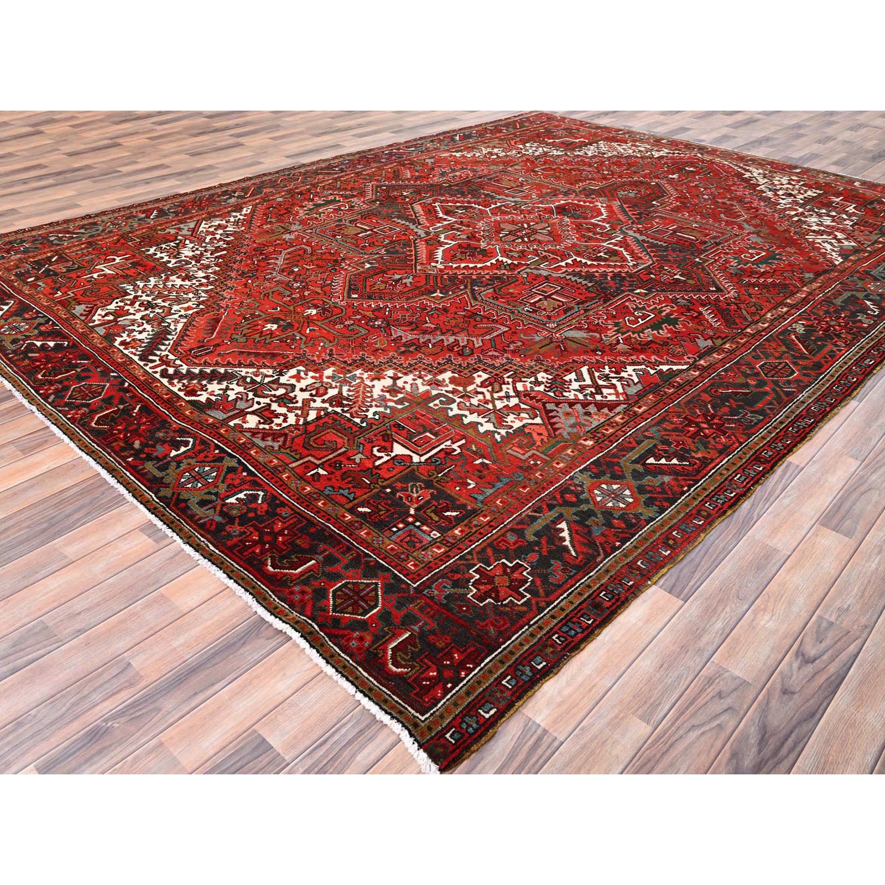 9'9"x12'5" Barn Red, Vintage Persian Heriz, Good Condition, Rustic Feel, Worn Wool, Hand Knotted, Oriental Rug Sh85669