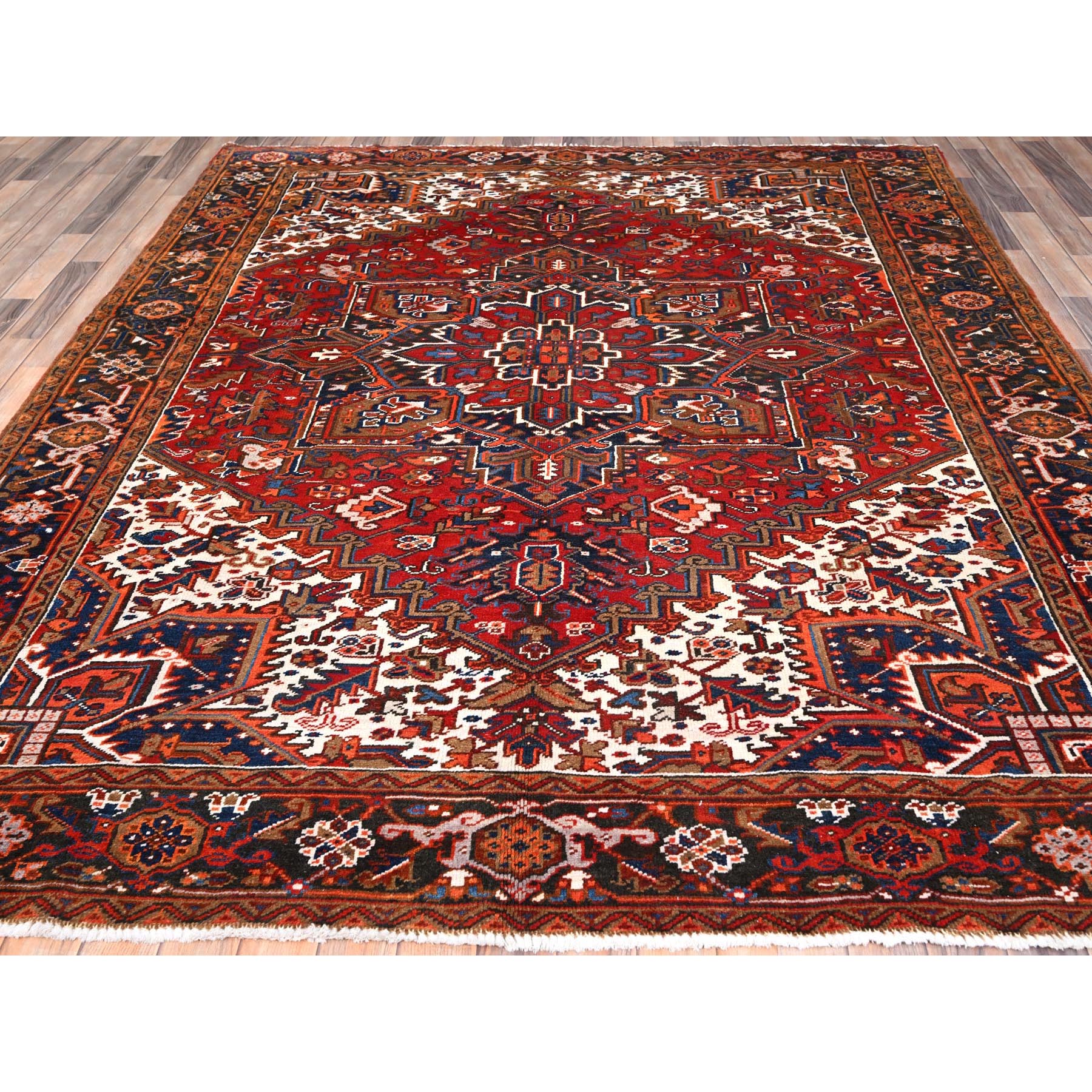 7'5"x8'10" Chili Red, Good Condition, Rustic Feel, Worn Wool, Hand Knotted, Vintage Persian Heriz, Village Motif, Oriental Rug Sh85681