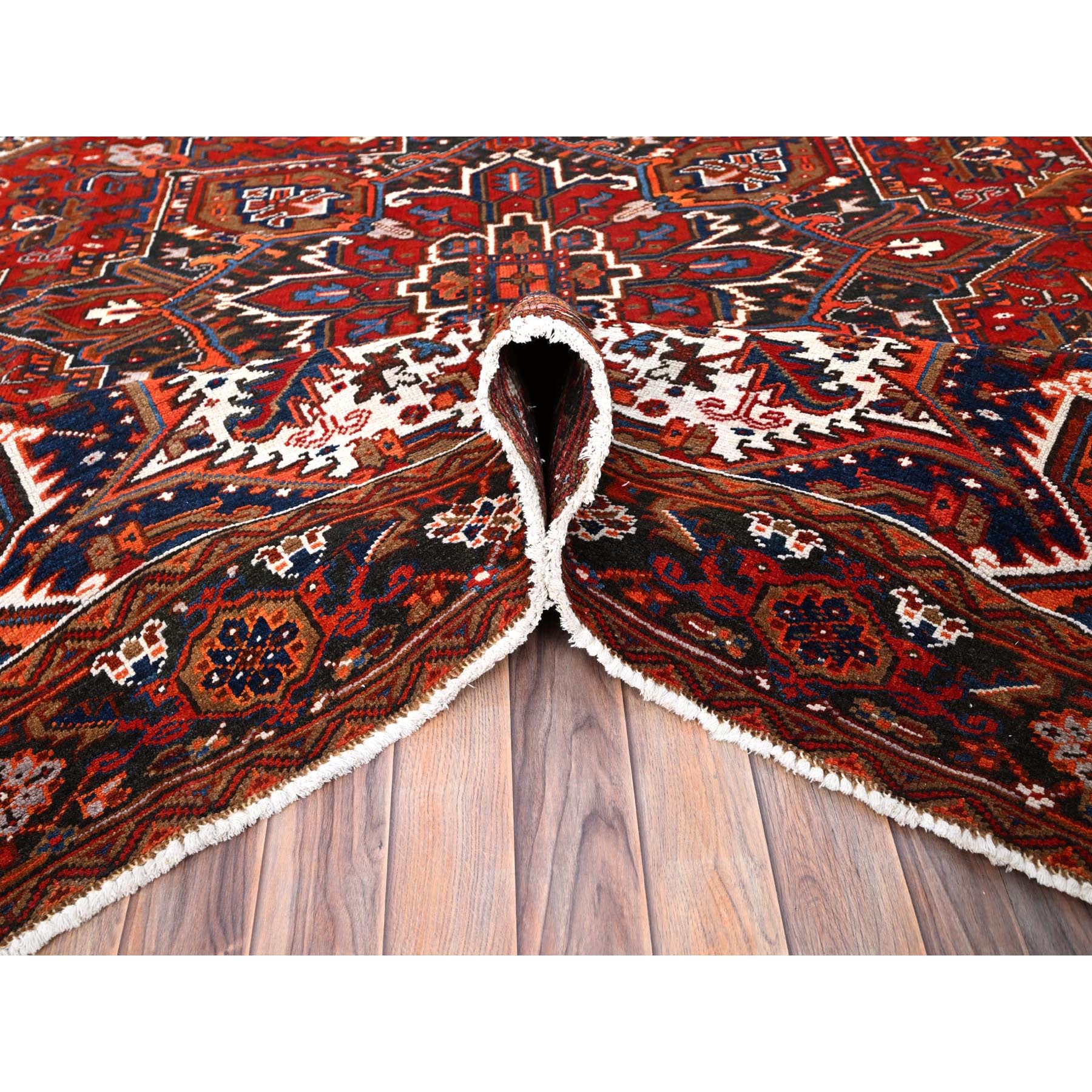 7'5"x8'10" Chili Red, Good Condition, Rustic Feel, Worn Wool, Hand Knotted, Vintage Persian Heriz, Village Motif, Oriental Rug Sh85681