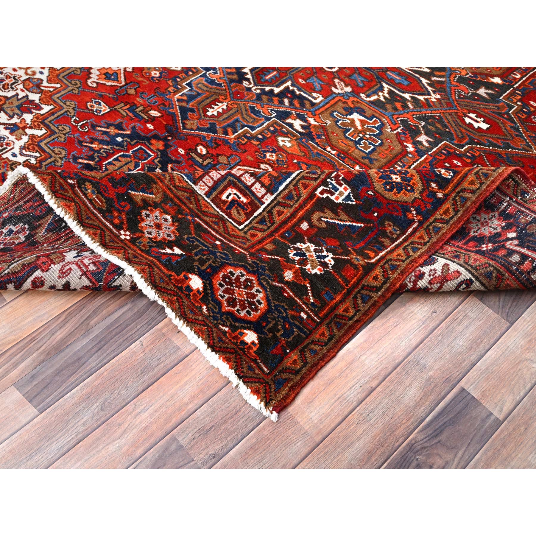 7'5"x8'10" Chili Red, Good Condition, Rustic Feel, Worn Wool, Hand Knotted, Vintage Persian Heriz, Village Motif, Oriental Rug Sh85681