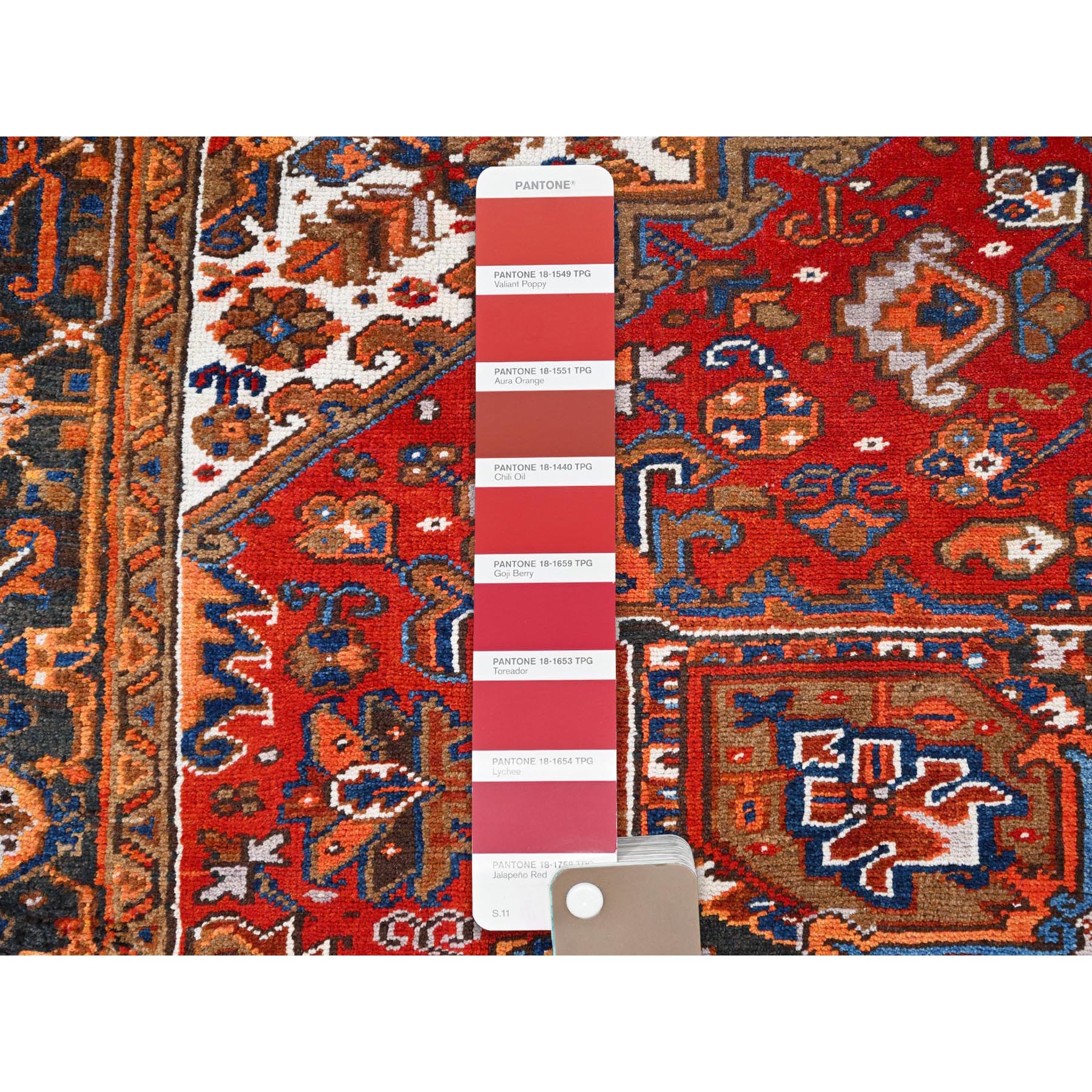 7'5"x8'10" Chili Red, Good Condition, Rustic Feel, Worn Wool, Hand Knotted, Vintage Persian Heriz, Village Motif, Oriental Rug Sh85681