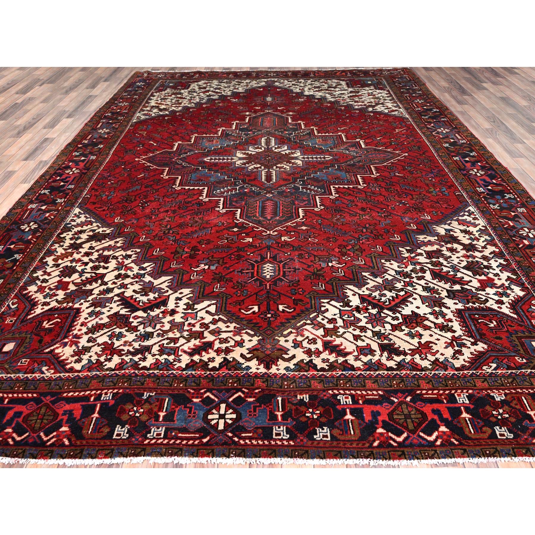 9'9"x13'3" Imperial Red, Semi Antique Persian Heriz, Good Condition, Distressed Look, Pure Wool, Hand Knotted, Oriental Rug Sh85682