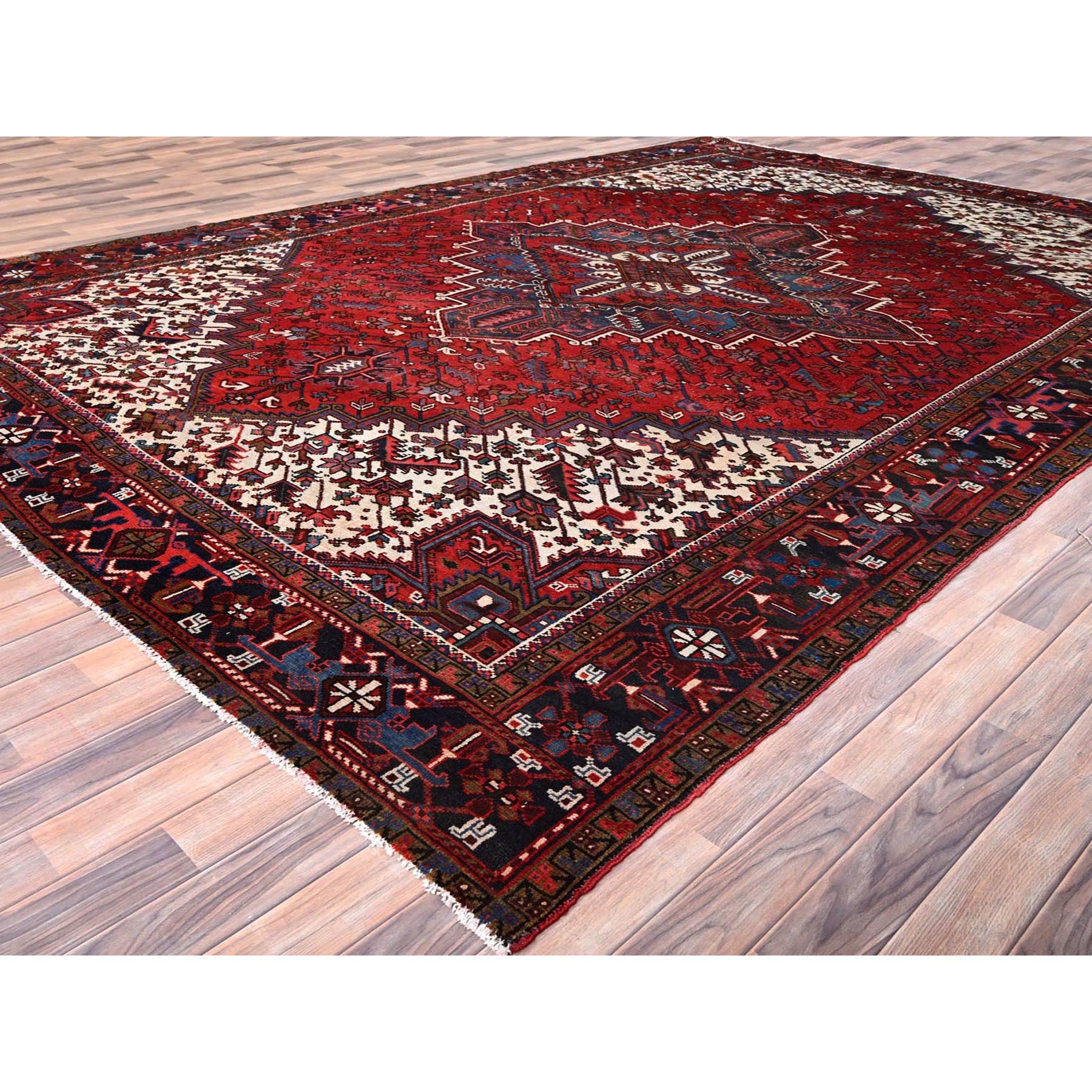 9'9"x13'3" Imperial Red, Semi Antique Persian Heriz, Good Condition, Distressed Look, Pure Wool, Hand Knotted, Oriental Rug Sh85682