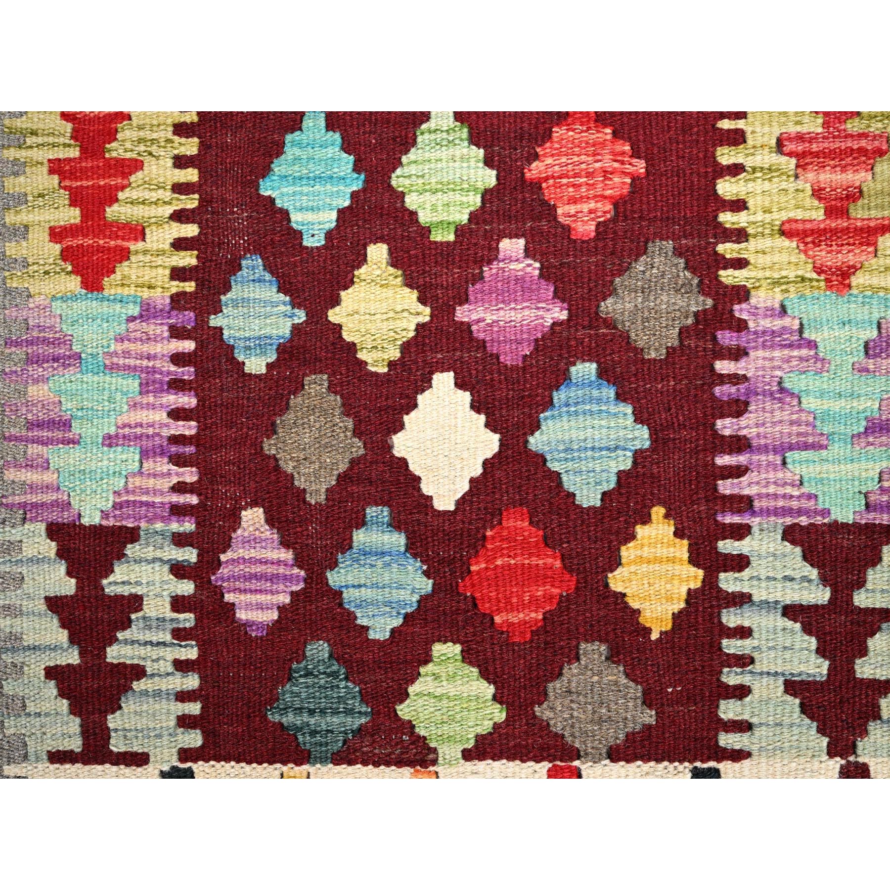 2'x2'10" Cherry Red, Natural Dyes, Pure Wool, Hand Woven, Flat Weave, Afghan Kilim with Geometric Pattern, Reversible, Oriental Rug Sh85743