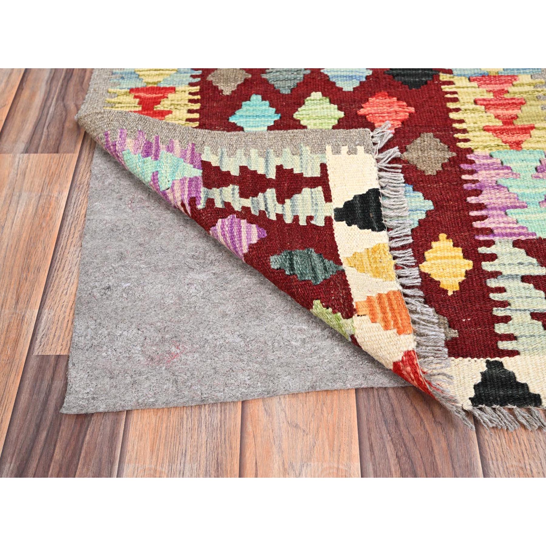 2'x2'10" Cherry Red, Natural Dyes, Pure Wool, Hand Woven, Flat Weave, Afghan Kilim with Geometric Pattern, Reversible, Oriental Rug Sh85743