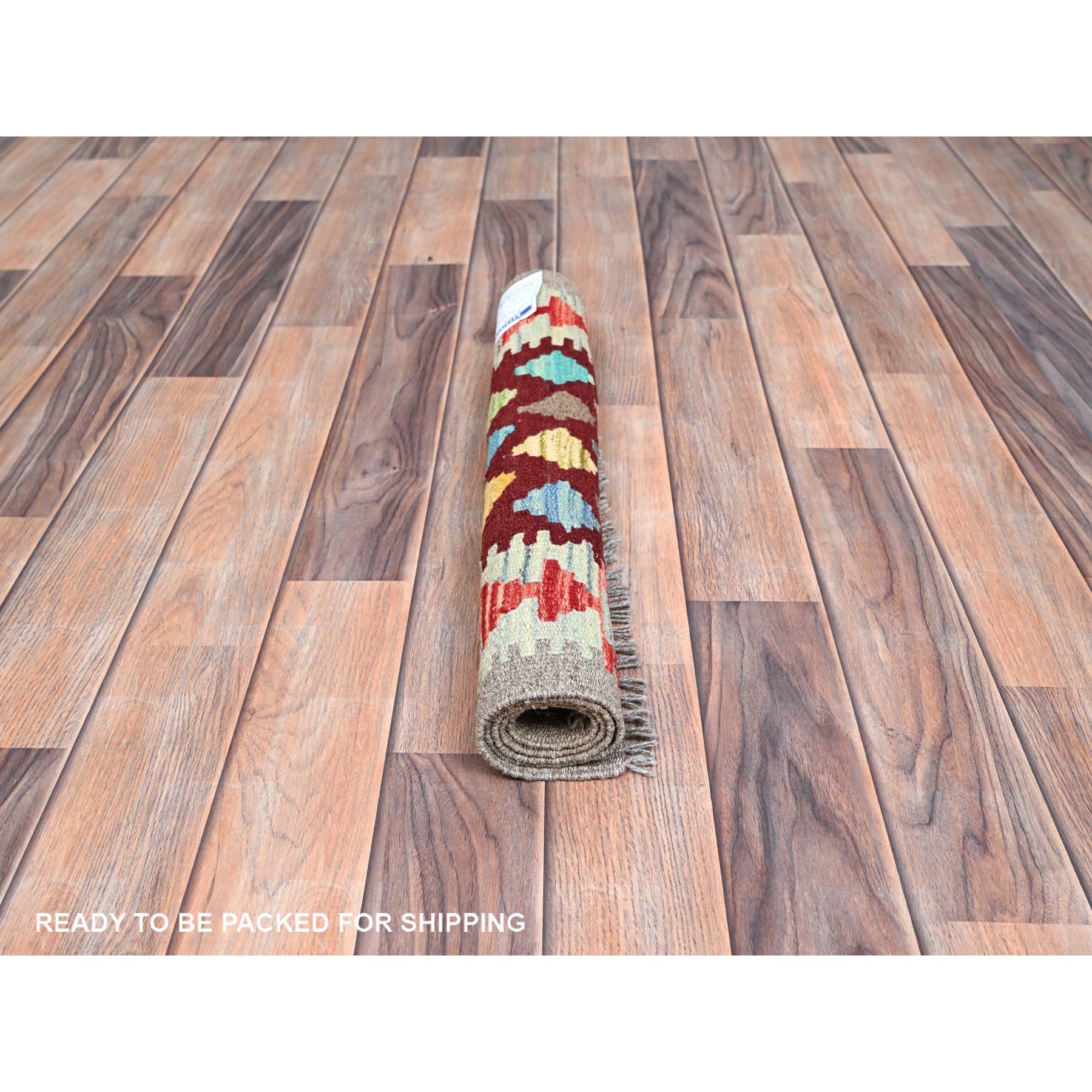 2'x2'10" Cherry Red, Natural Dyes, Pure Wool, Hand Woven, Flat Weave, Afghan Kilim with Geometric Pattern, Reversible, Oriental Rug Sh85743