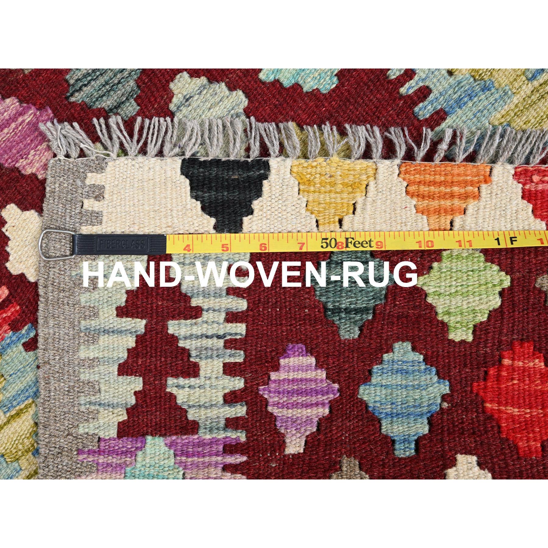 2'x2'10" Cherry Red, Natural Dyes, Pure Wool, Hand Woven, Flat Weave, Afghan Kilim with Geometric Pattern, Reversible, Oriental Rug Sh85743